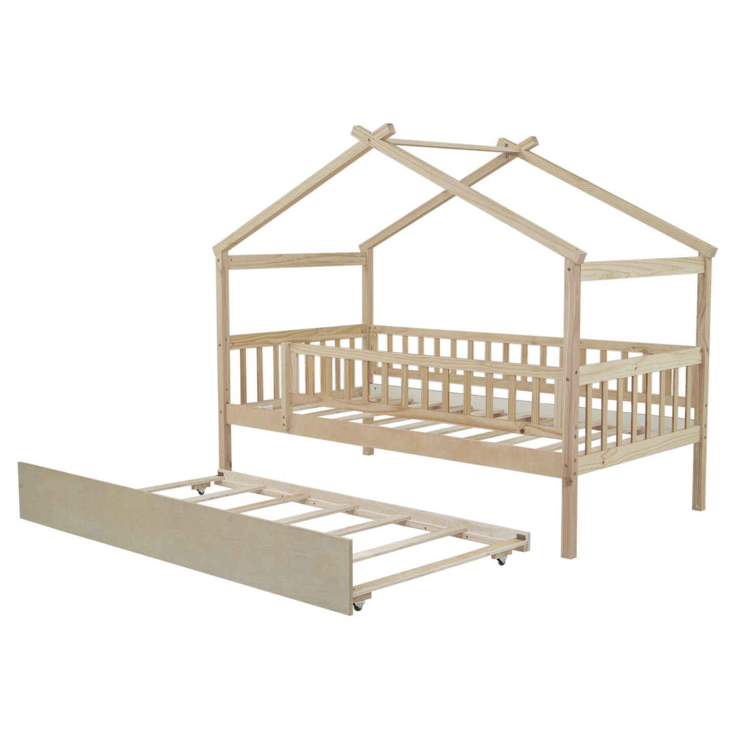 Natural wood twin house bed frame with pullout trundle