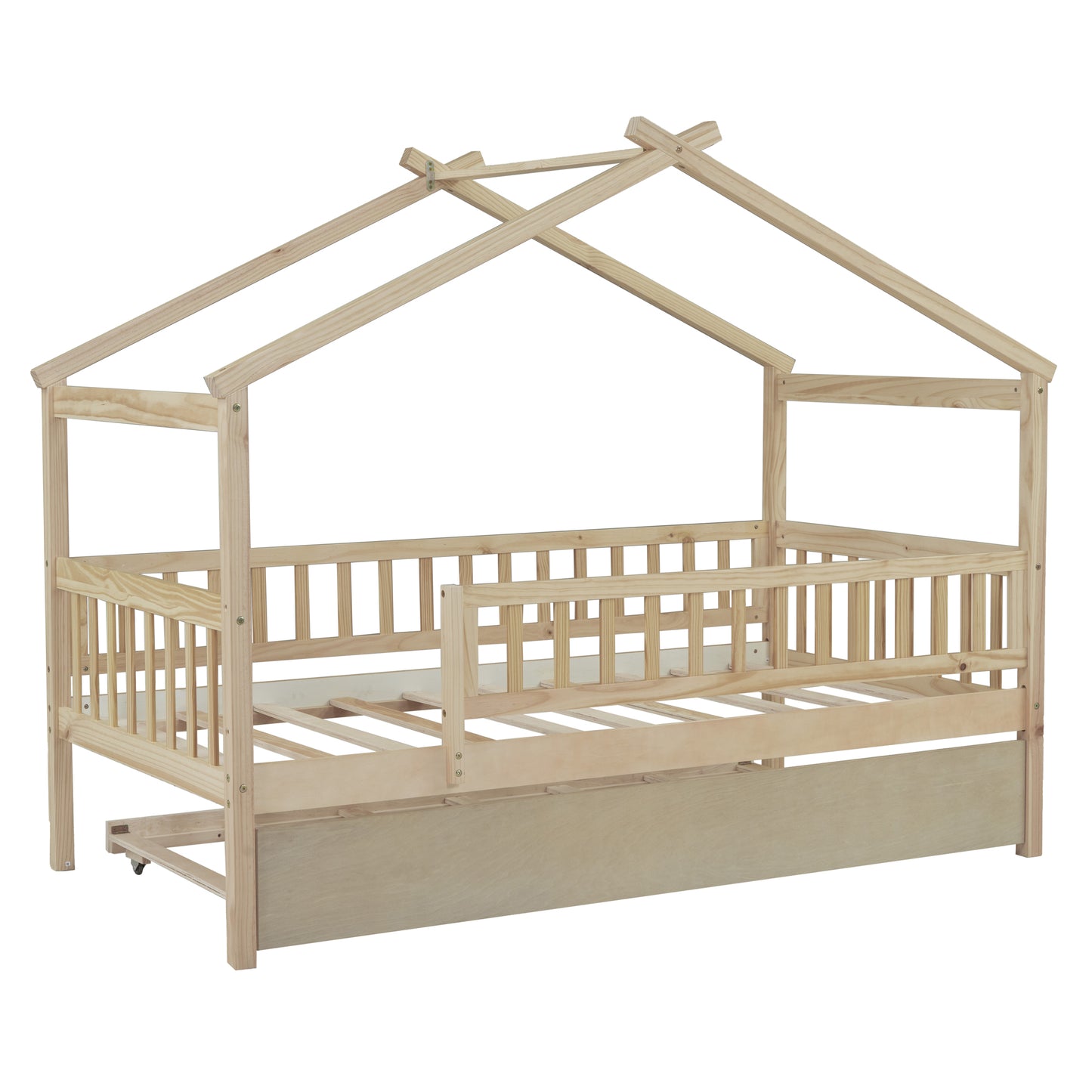 Natural wood twin house bed frame with guardrails and pullout trundle