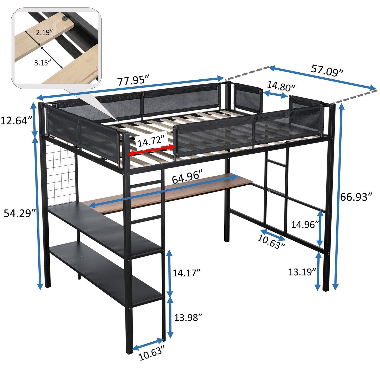 Black metal loft bed with desk and shelves