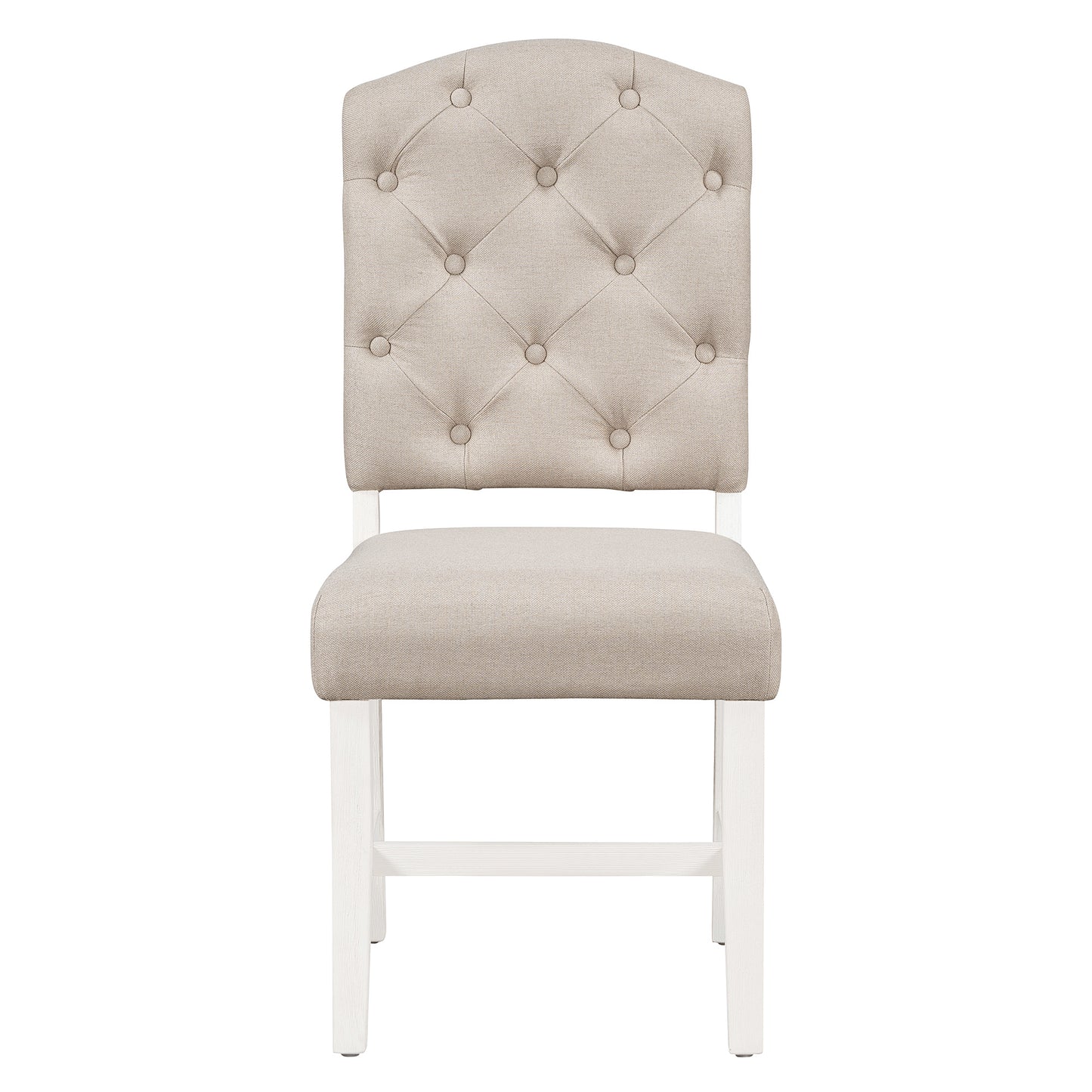 Tufted linen dining chair in natural beige with curved back and white wooden legs