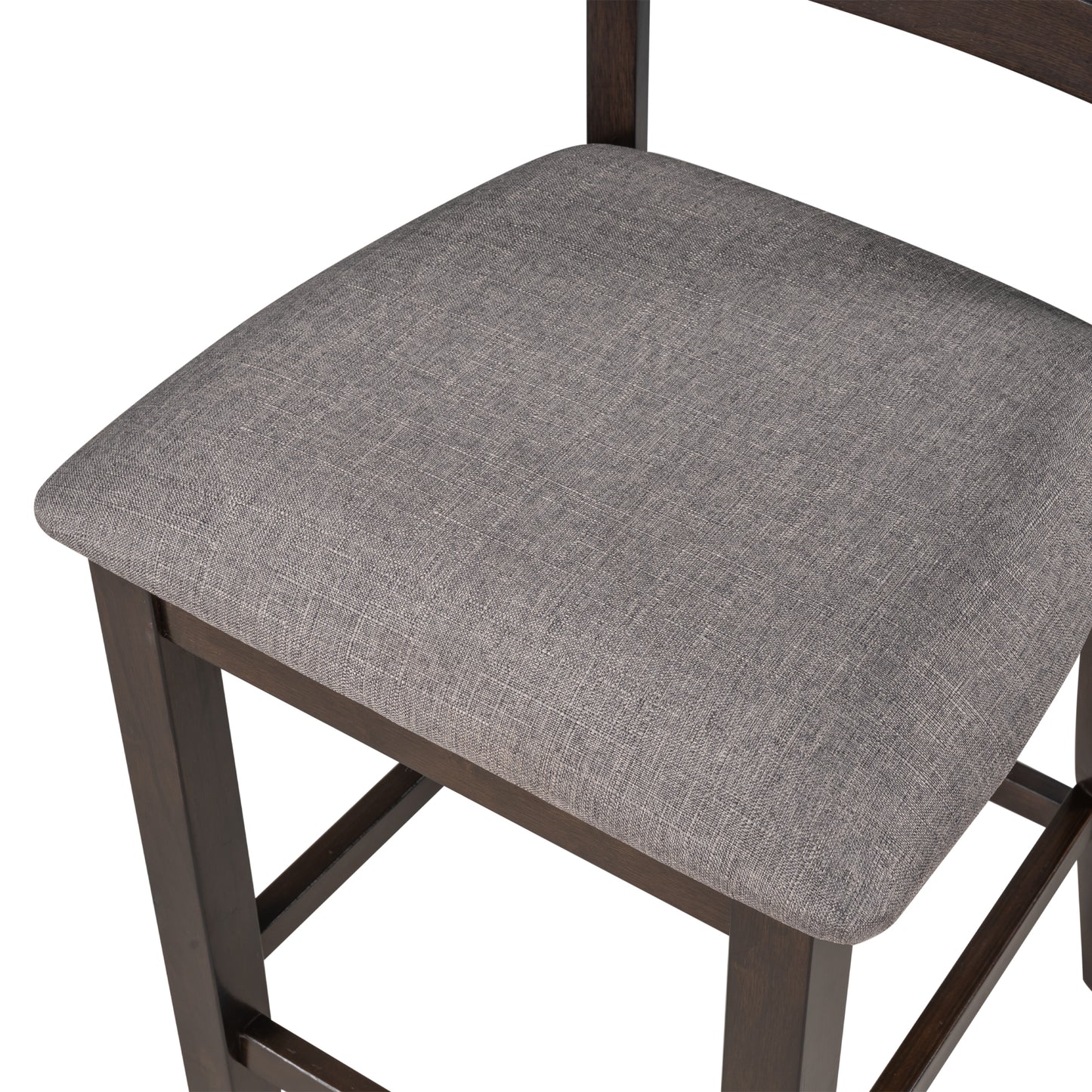 Closeup of a grey linen upholstered seat on a dark wood bar stool