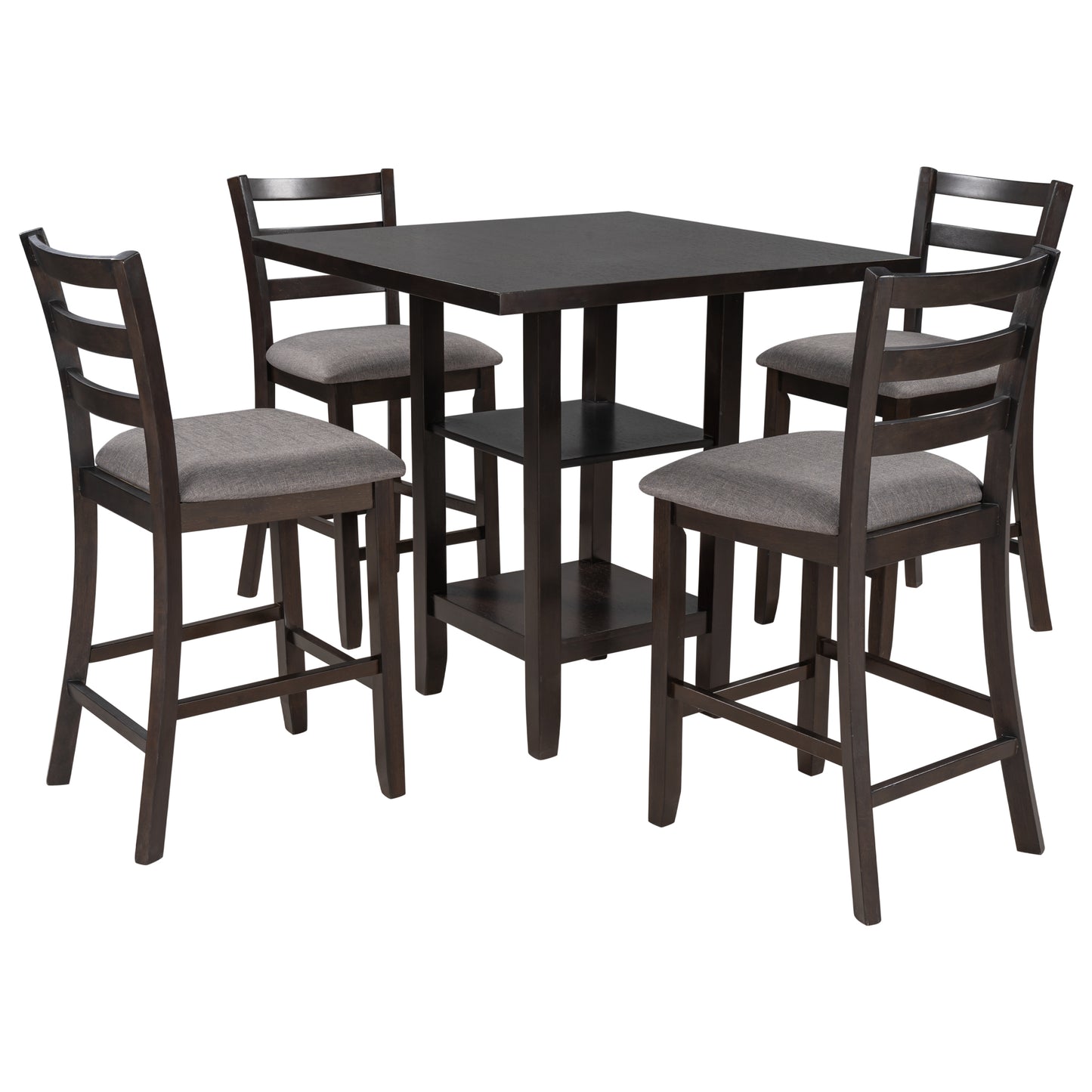 Dark wood counter height table and chairs set with upholstered seats