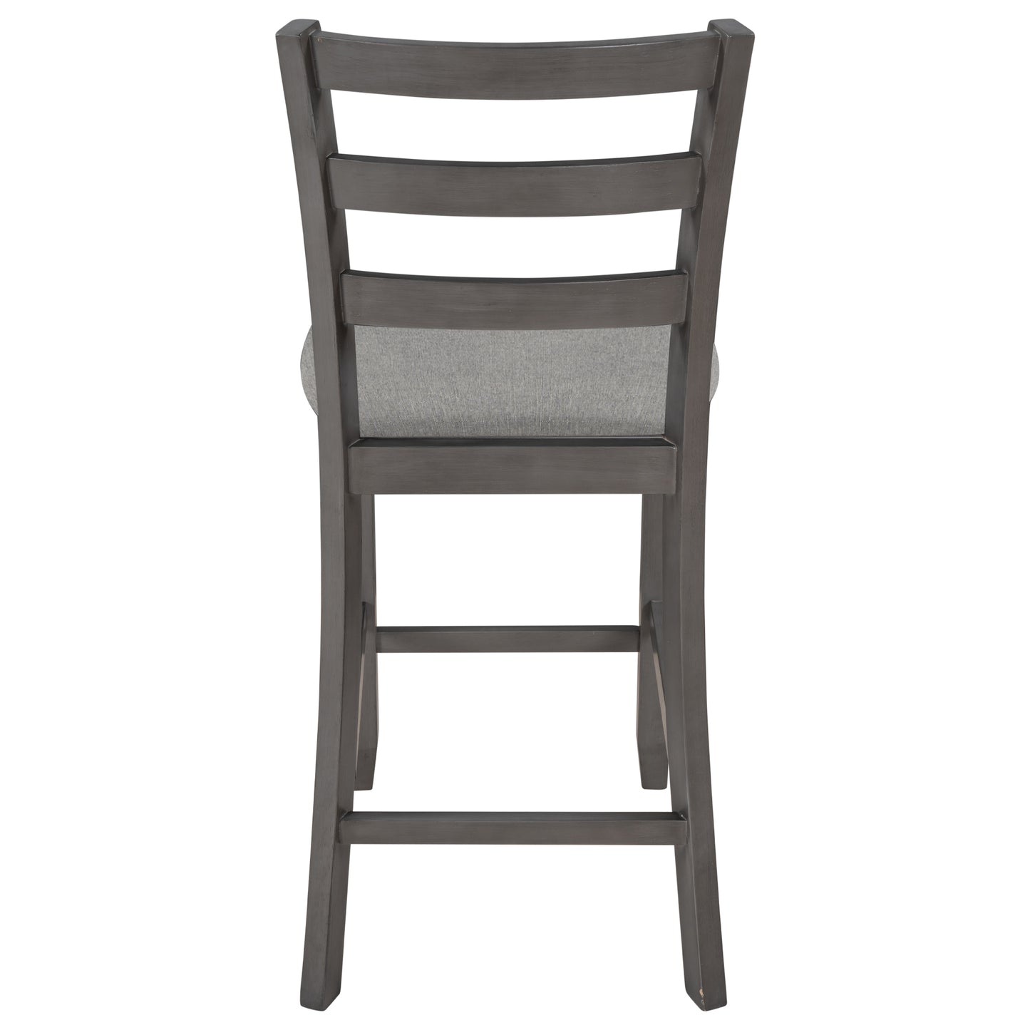 Gray wooden bar stool with upholstered seat and horizontal back slats