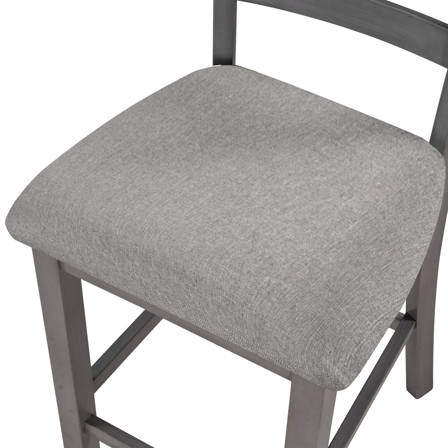 Closeup of upholstered grey counter stool seat