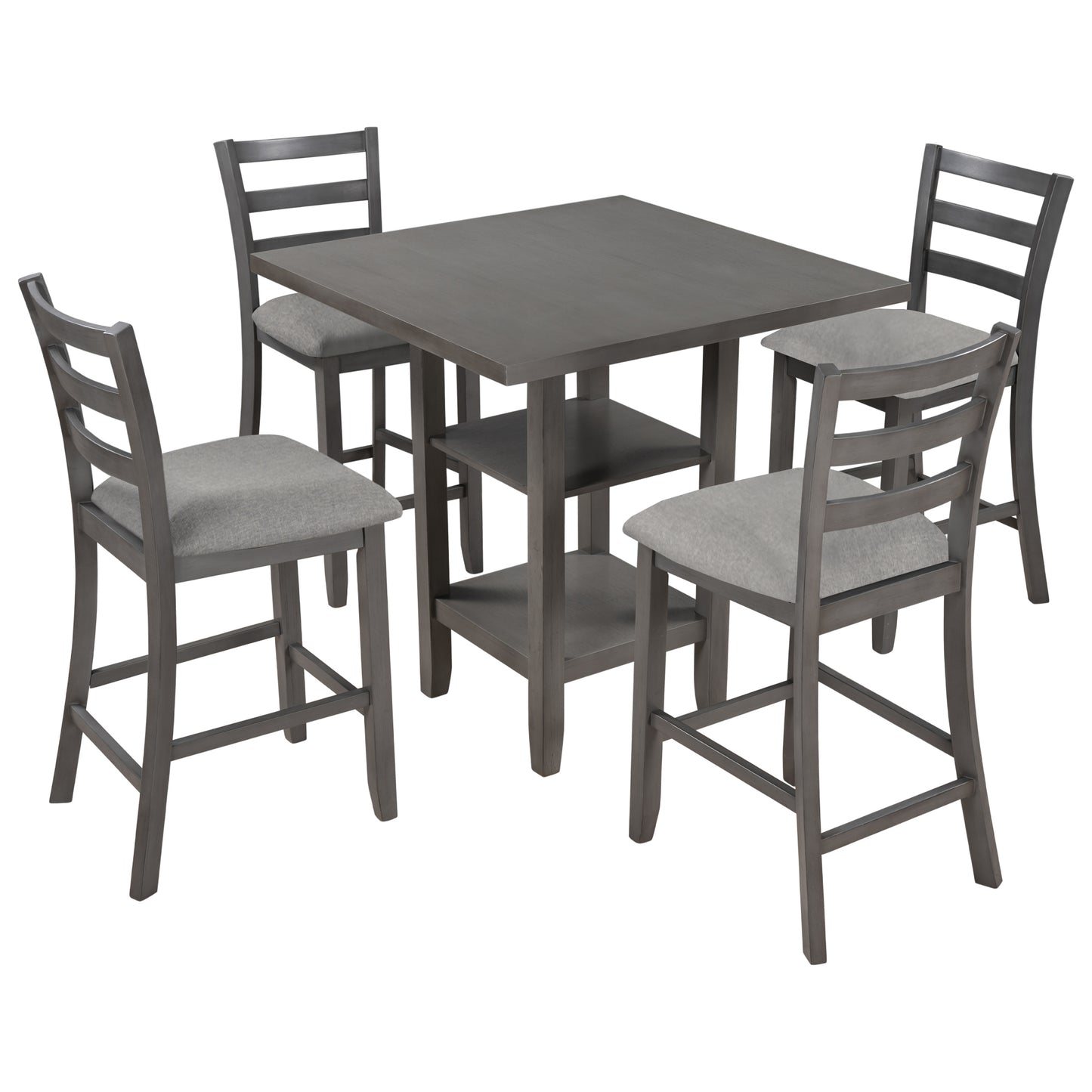 Gray piece counter height dining set with square table and upholstered stools