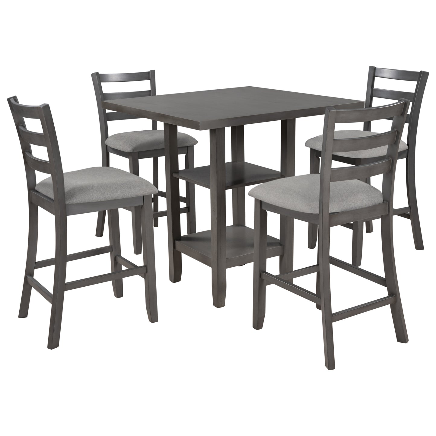 Dark grey wooden counter height table set with four upholstered stools