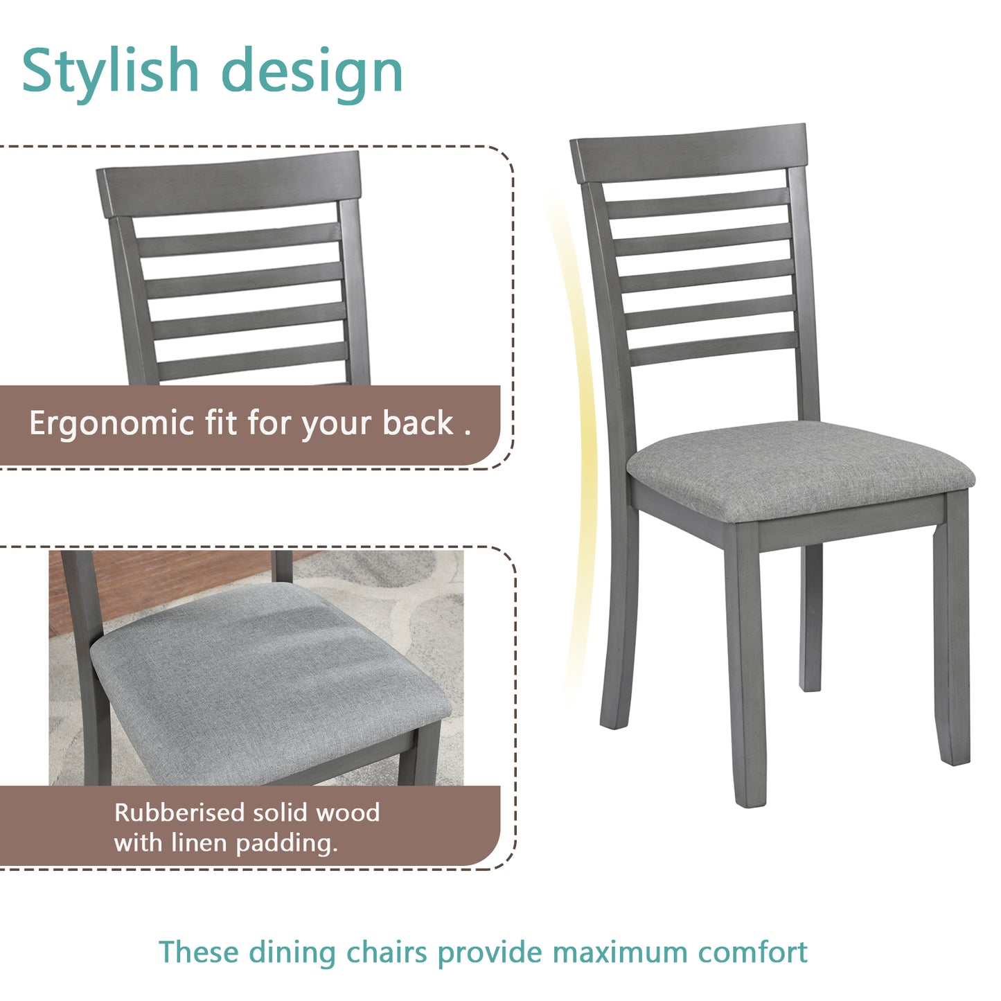 Gray wooden dining chair with slatted back and grey linen seat