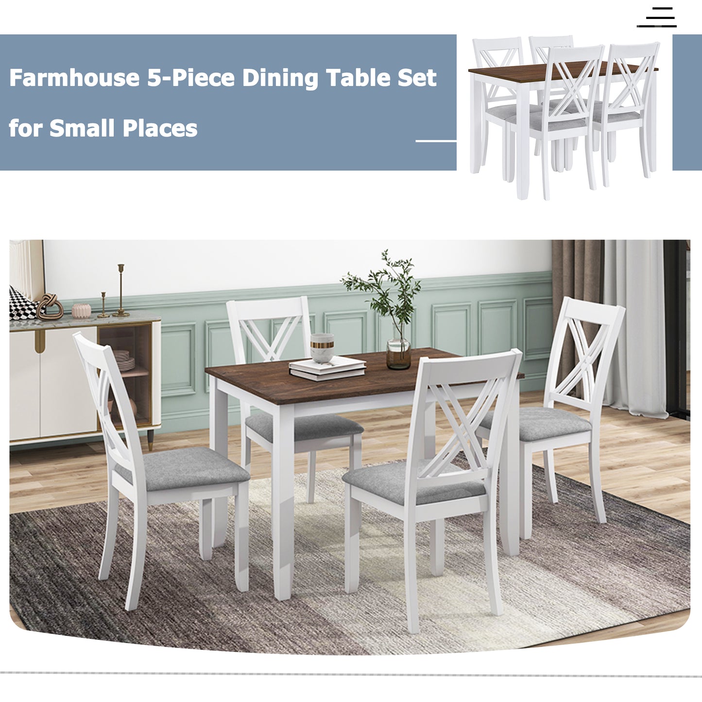 White farmhouse dining table set with four upholstered chairs and dark wood top