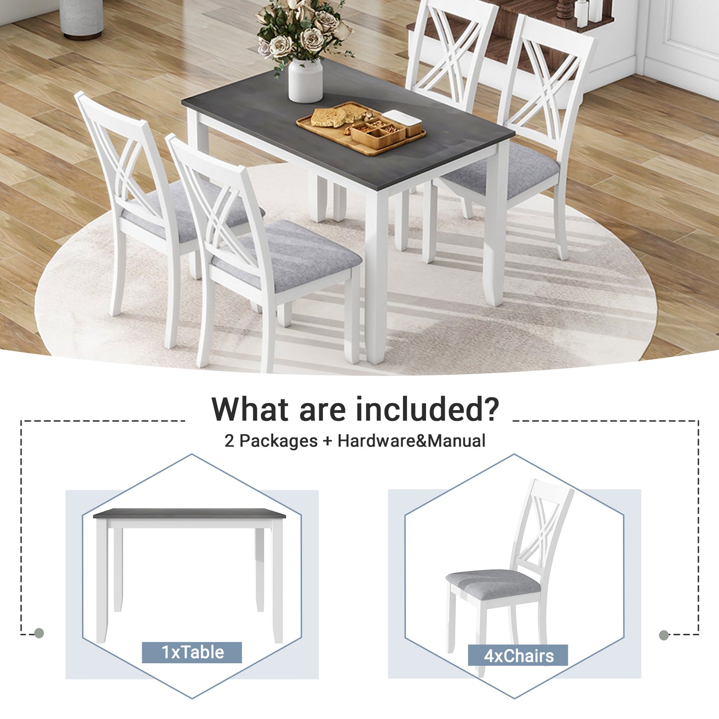 White dining table with gray top and four gray upholstered chairs