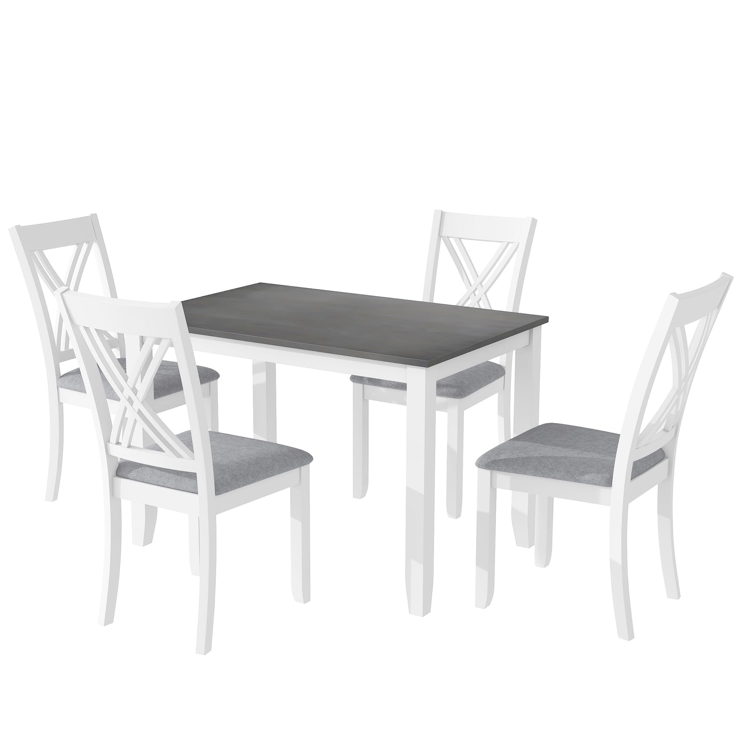 White and grey farmhouse dining set with four upholstered chairs