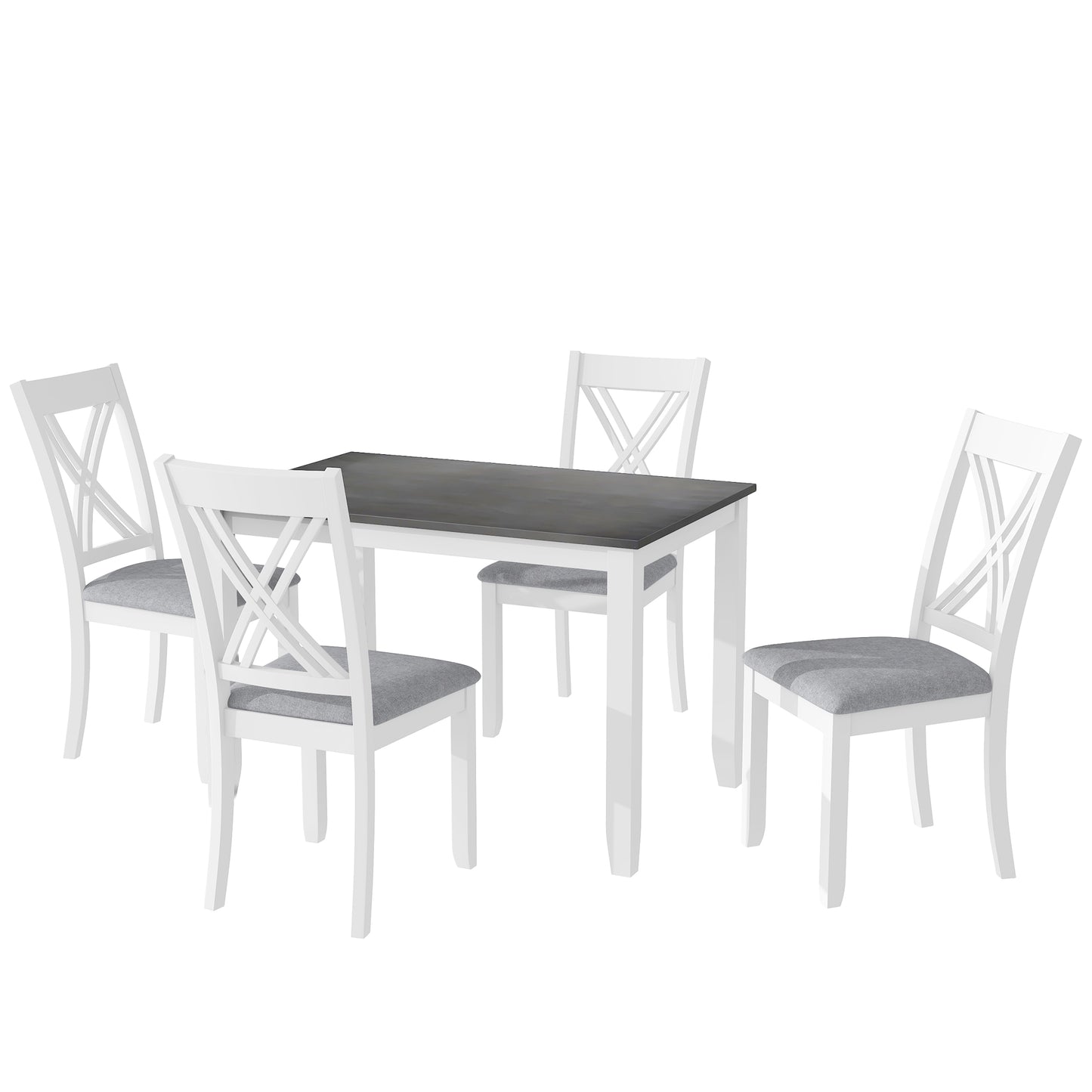 White wooden dining set with grey upholstered chairs and dark grey tabletop