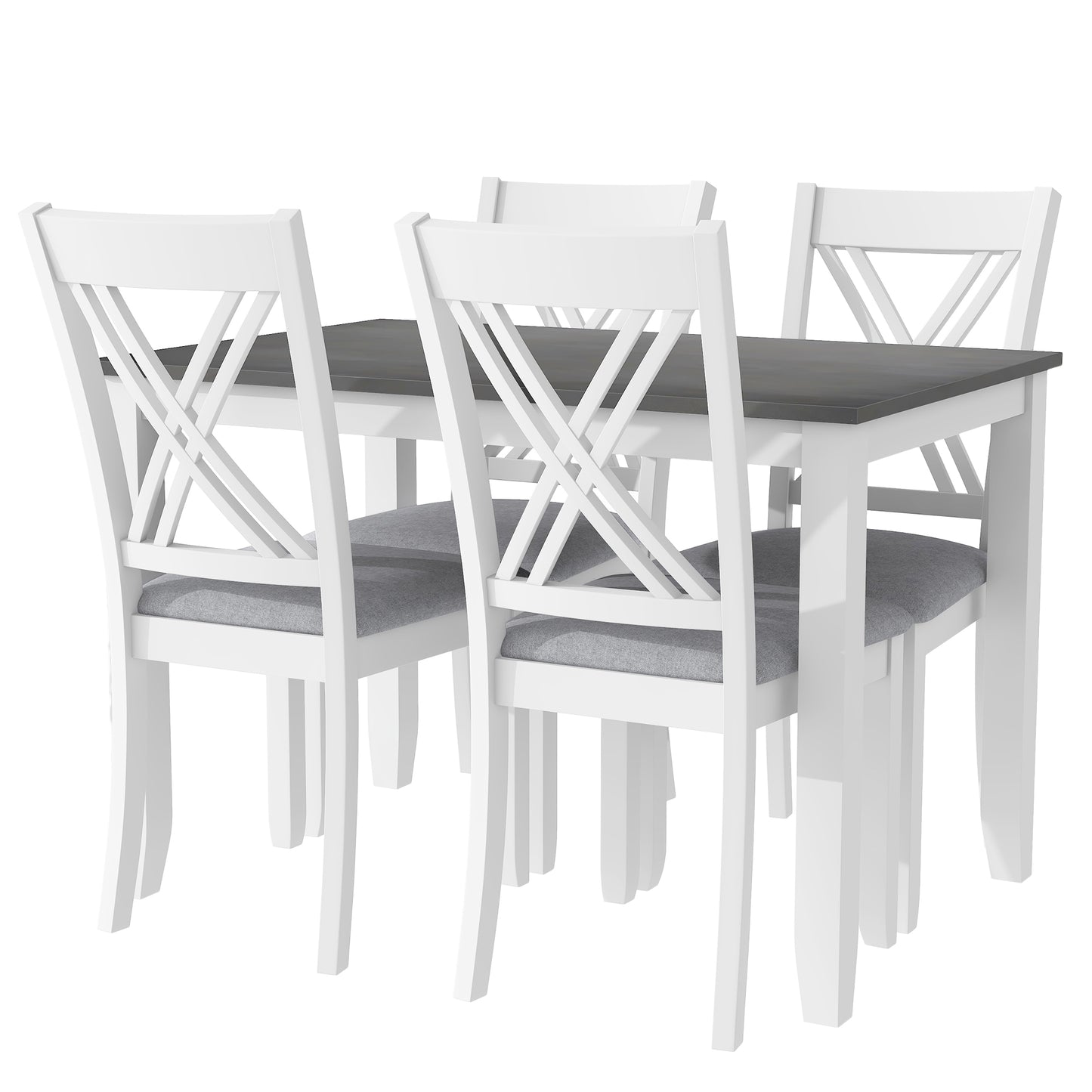 White wooden dining set with grey upholstered seats and dark tabletop