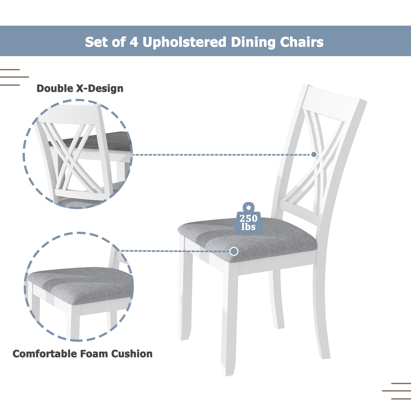 White upholstered dining chairs with comfortable gray foam cushion