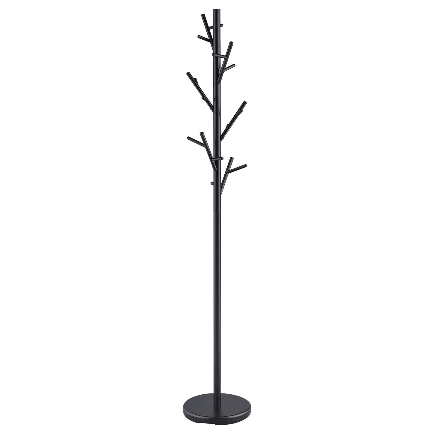 Black metal treeshaped coat rack with multiple branches for hanging items