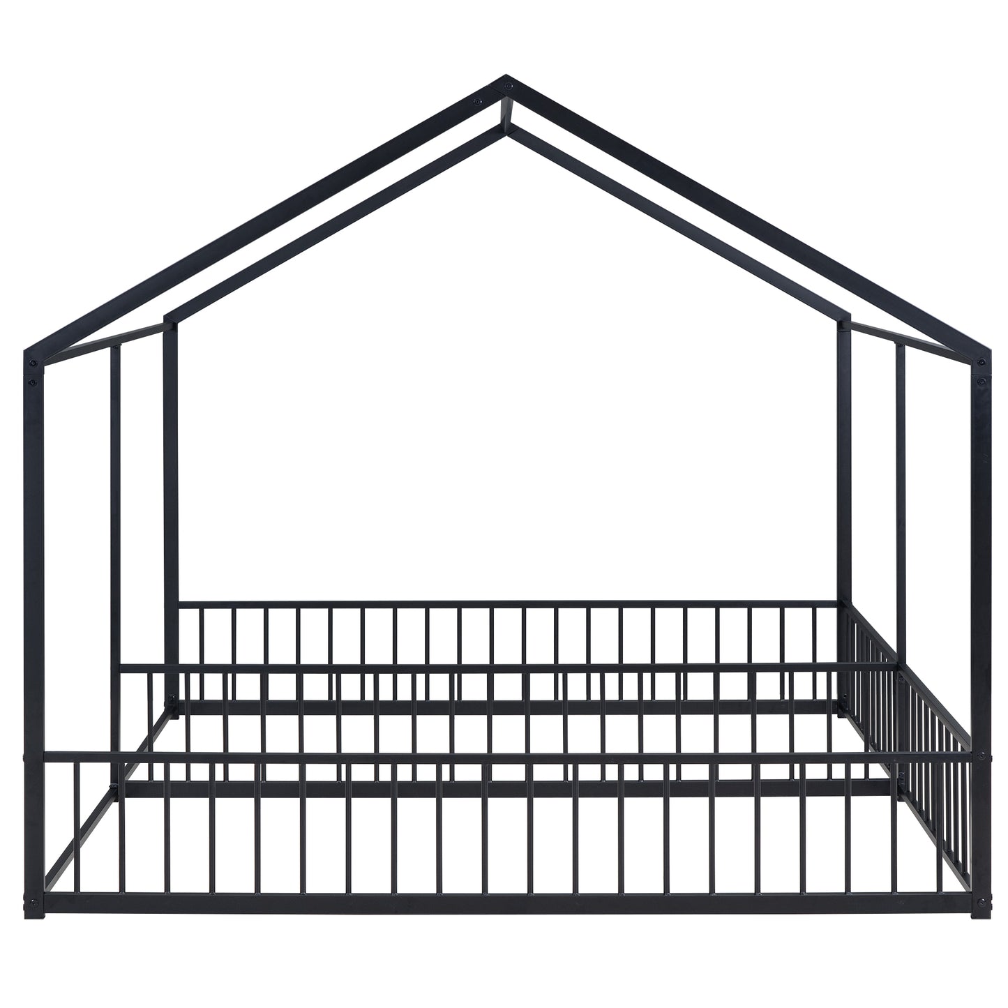 Black metal house bed frame with peaked roof and safety rails