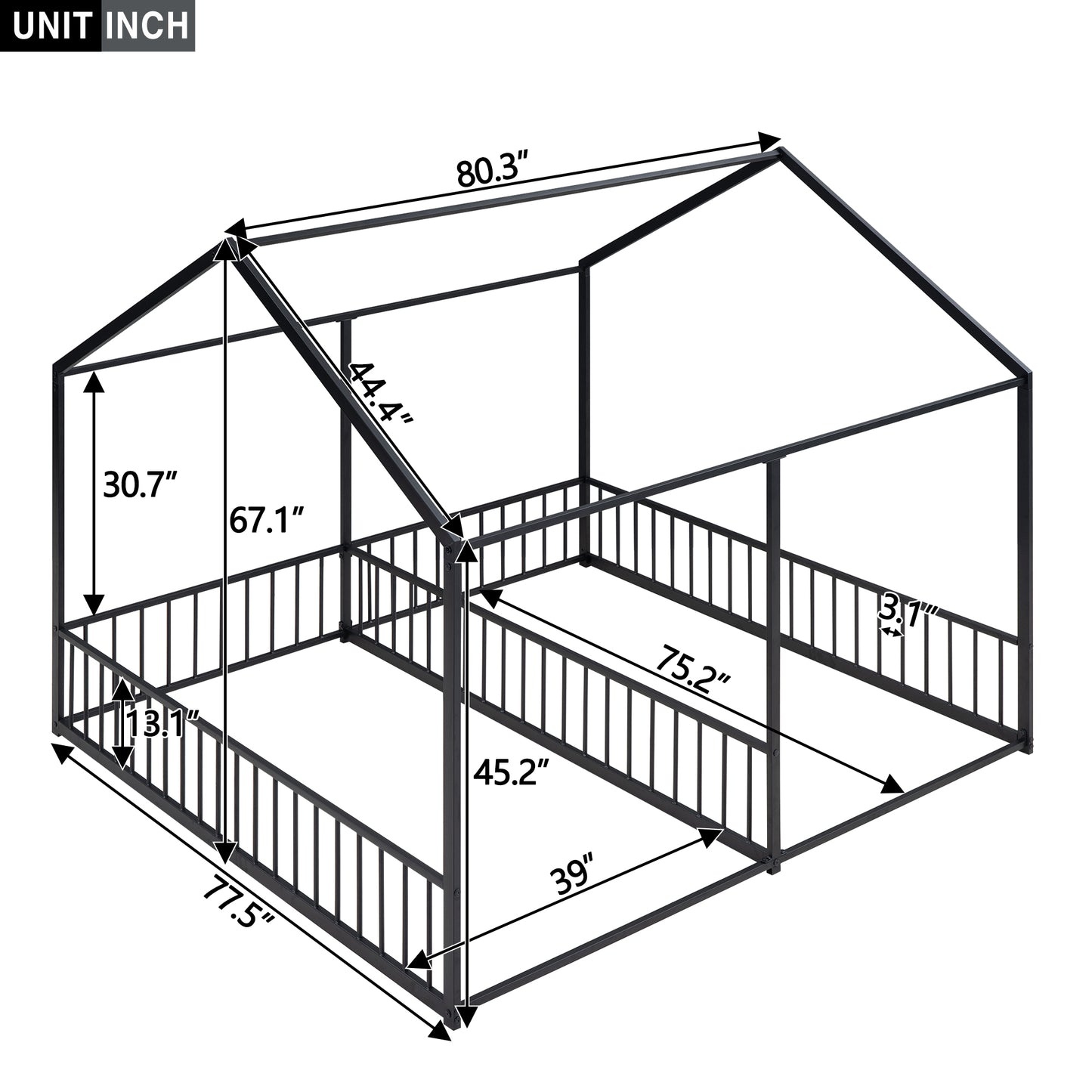 Black metal house bed frame with dimensional lines for dimensions