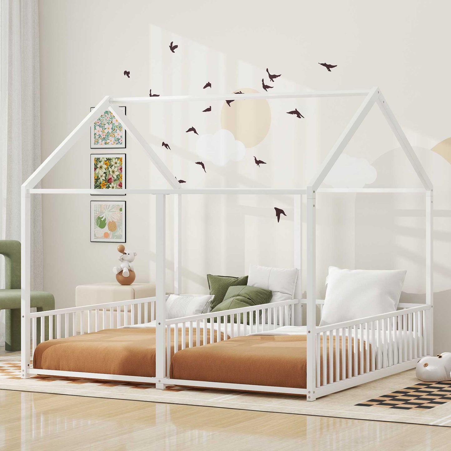 White twin house bed frame with guardrails and wood flooring