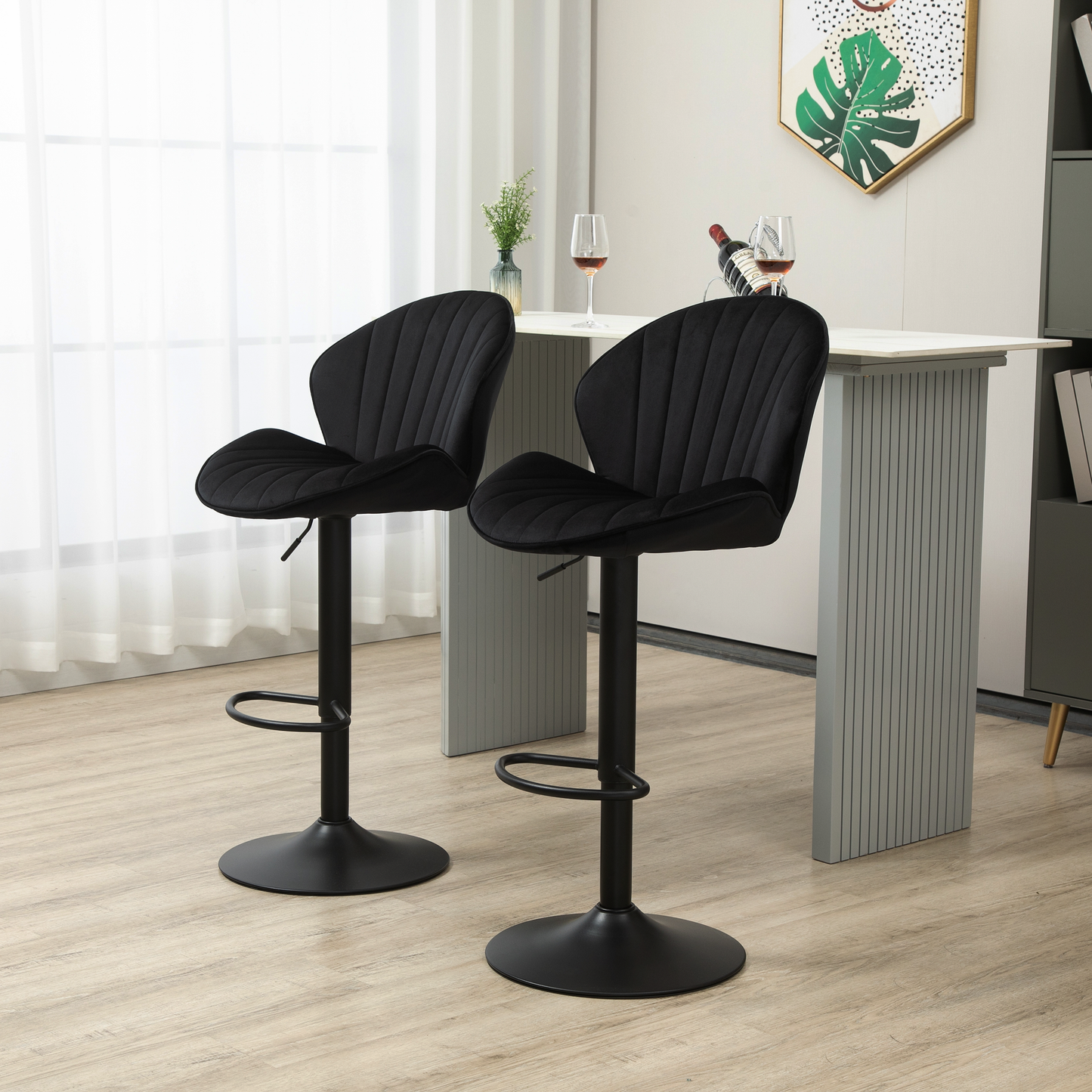 Black velvet adjustable bar stool with channel tufted backrest