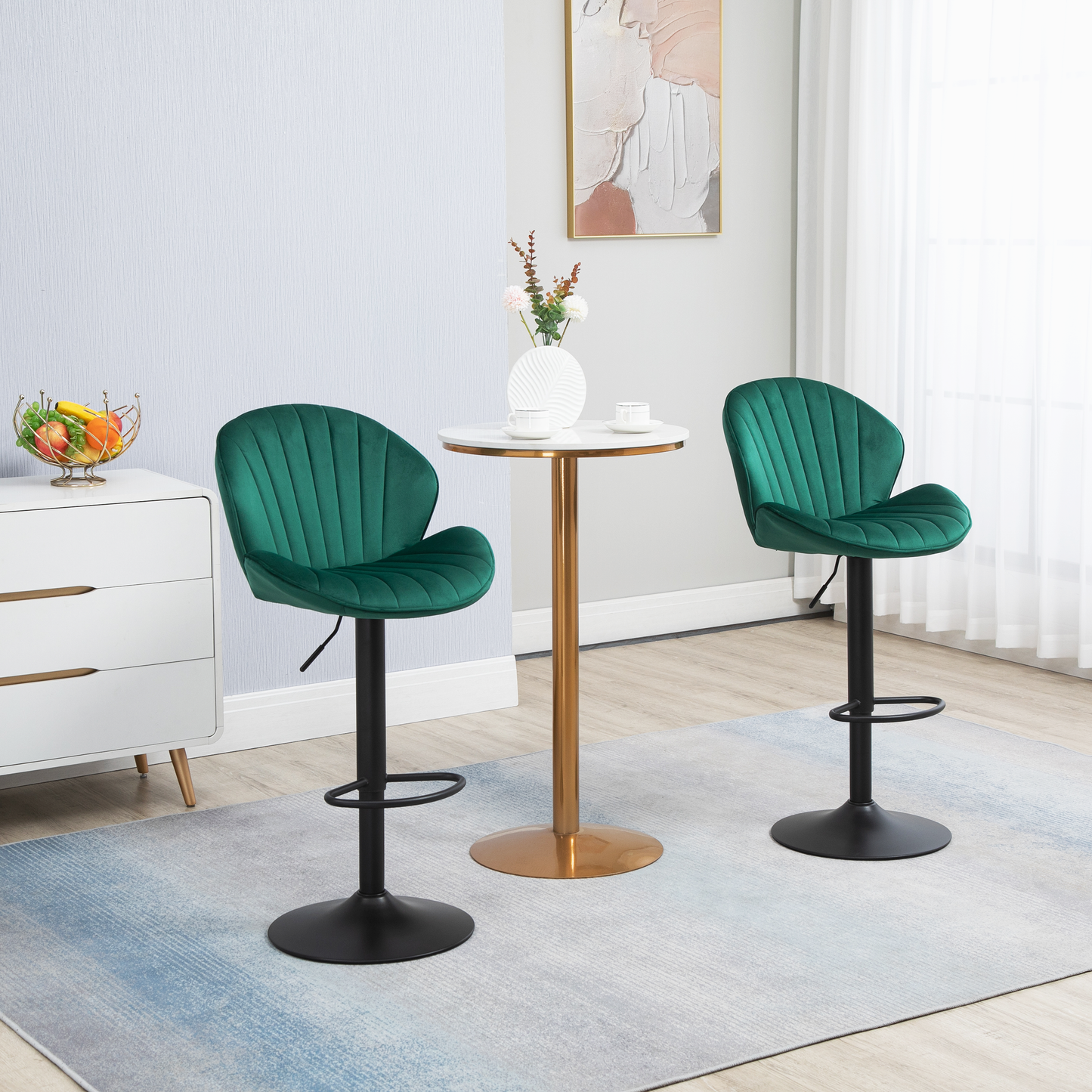 Emerald green velvet bar stool with adjustable height and footrest