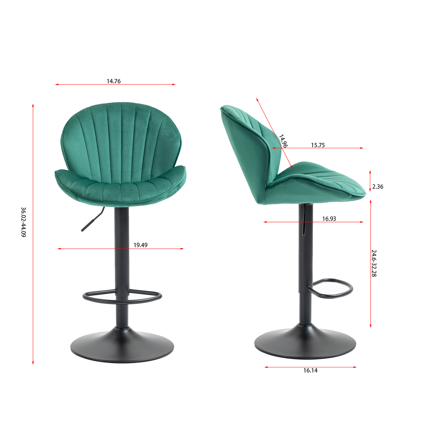 Emerald green velvet adjustable bar stool with plush tufted seat