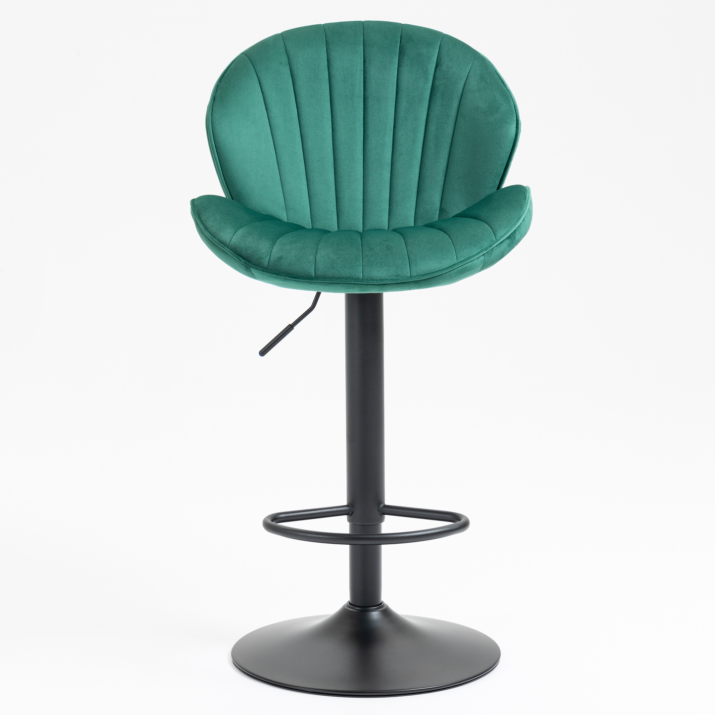 Emerald green velvet bar stool with adjustable height and chrome footrest
