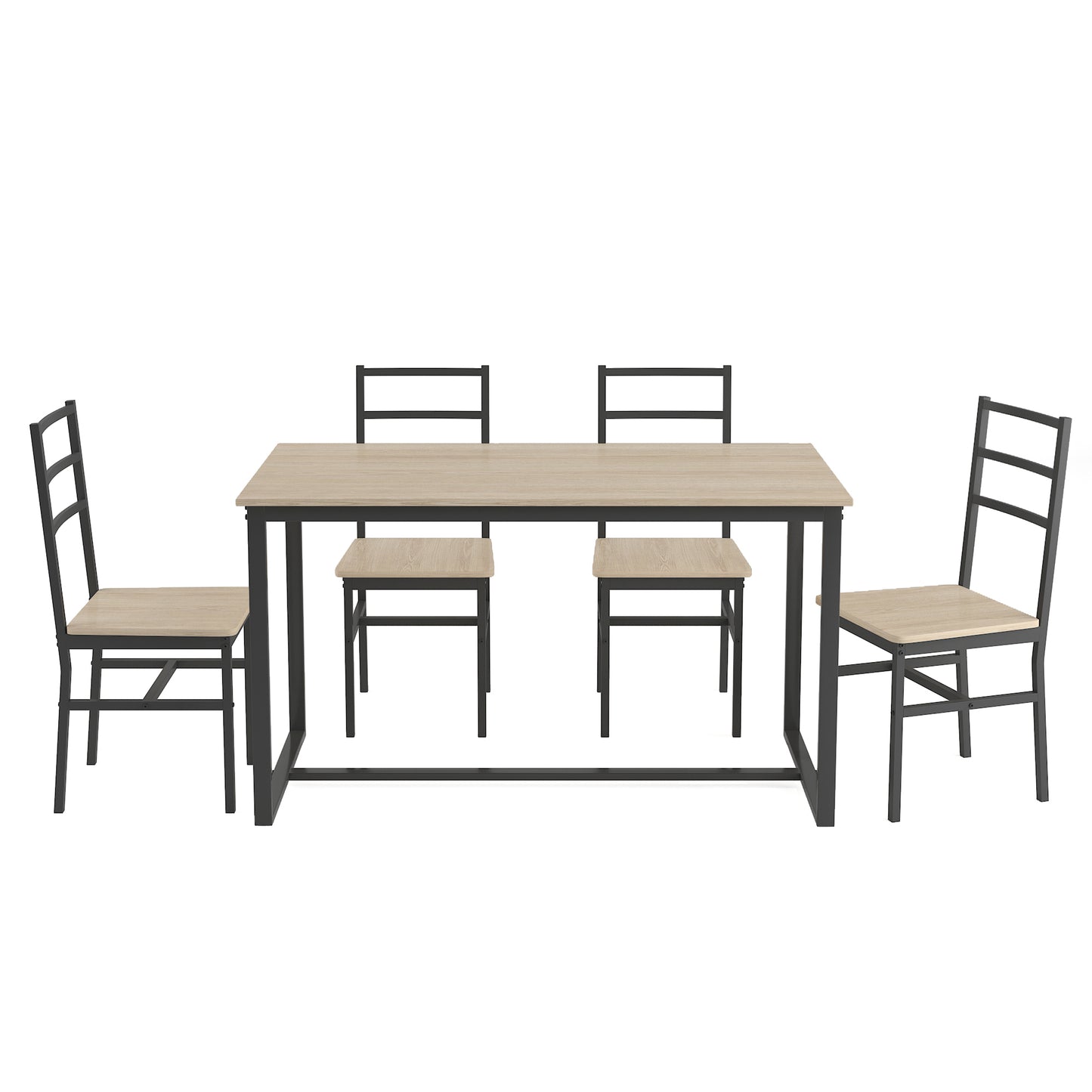 Modern dining set with light wood table and black metal chairs
