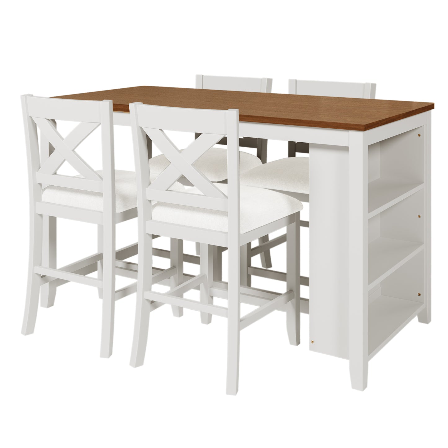 White counter height table and chairs set with Xback chairs and builtin shelving