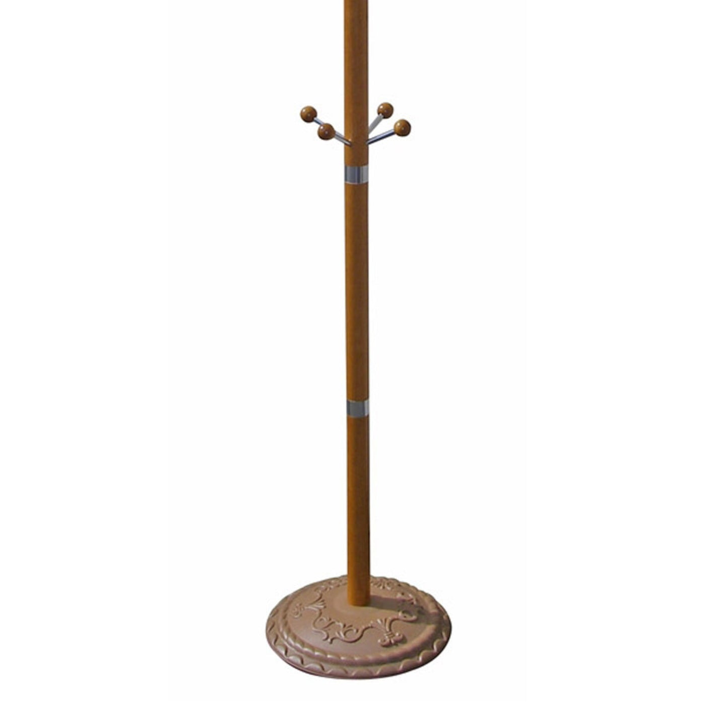 Wooden coat rack with chrome and wood knob hooks and ornate base
