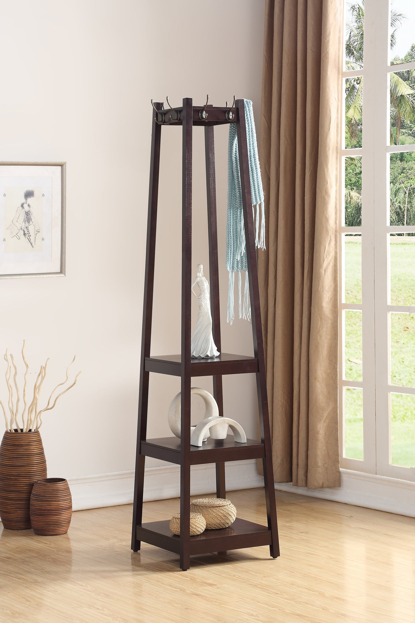 Dark brown wooden coat rack with three shelves and hanging hooks