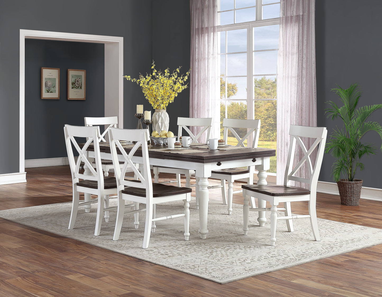 White and dark wood dining set with Xback chairs