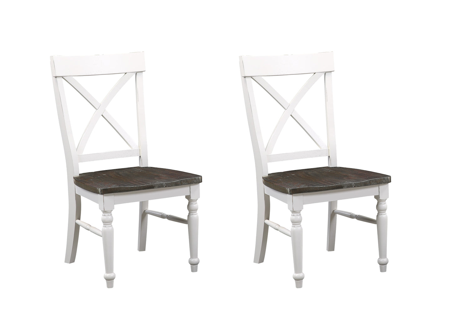 Pair of distressed wood dining chairs with white distressed frames and Xback design