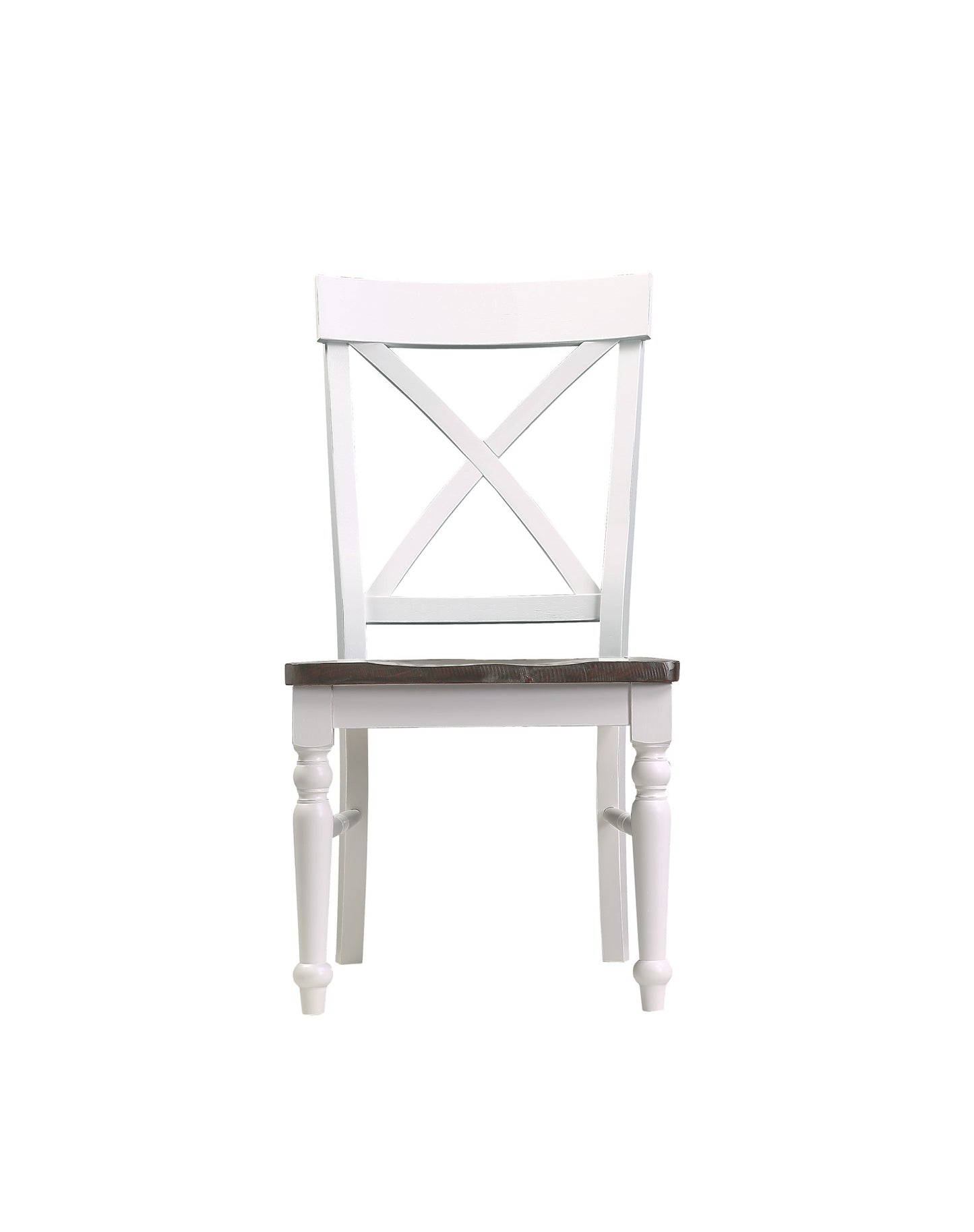 White farmhouse dining chair with dark wood seat and Xback