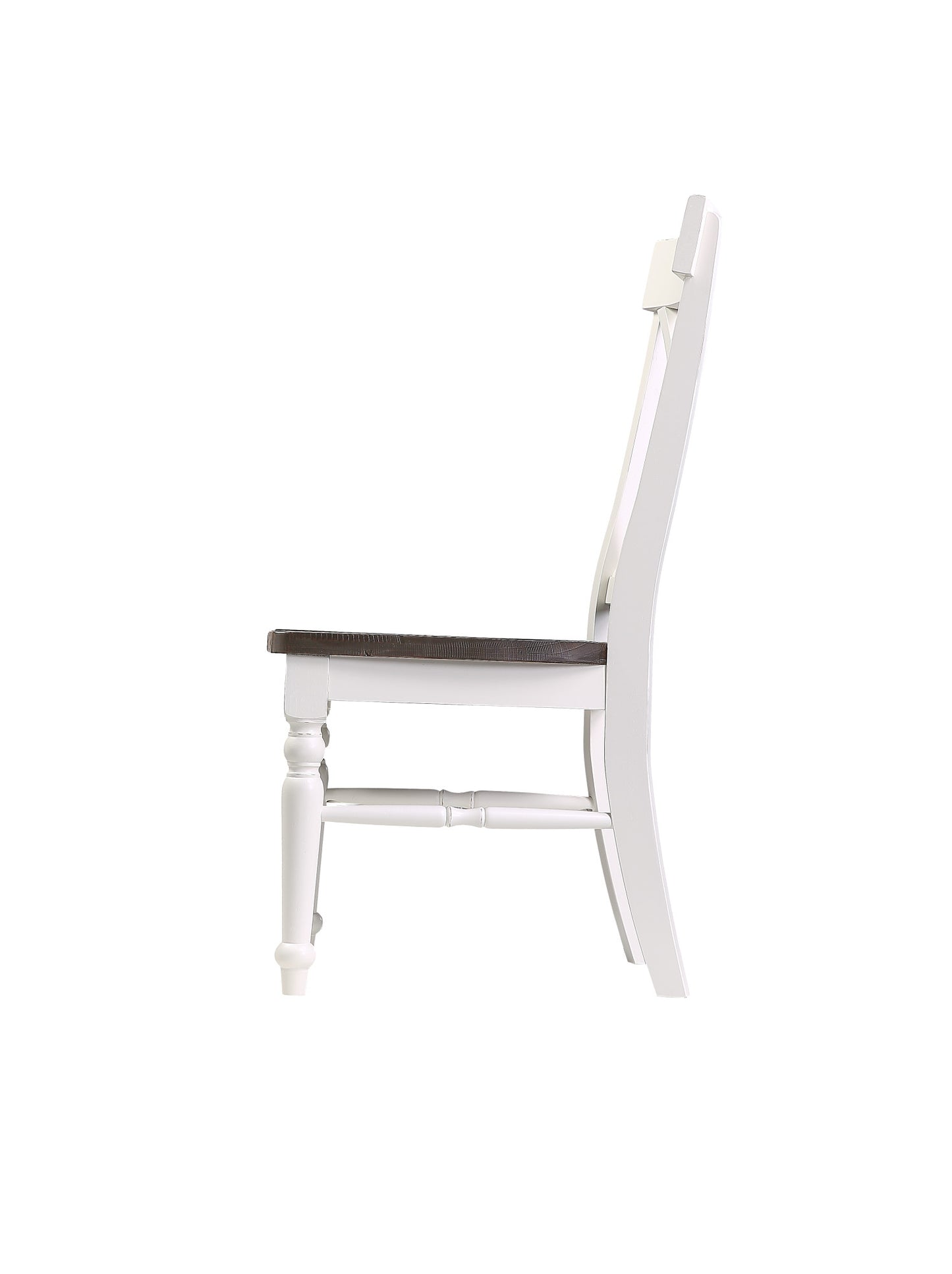 White wooden dining chair with dark upholstered seat side view