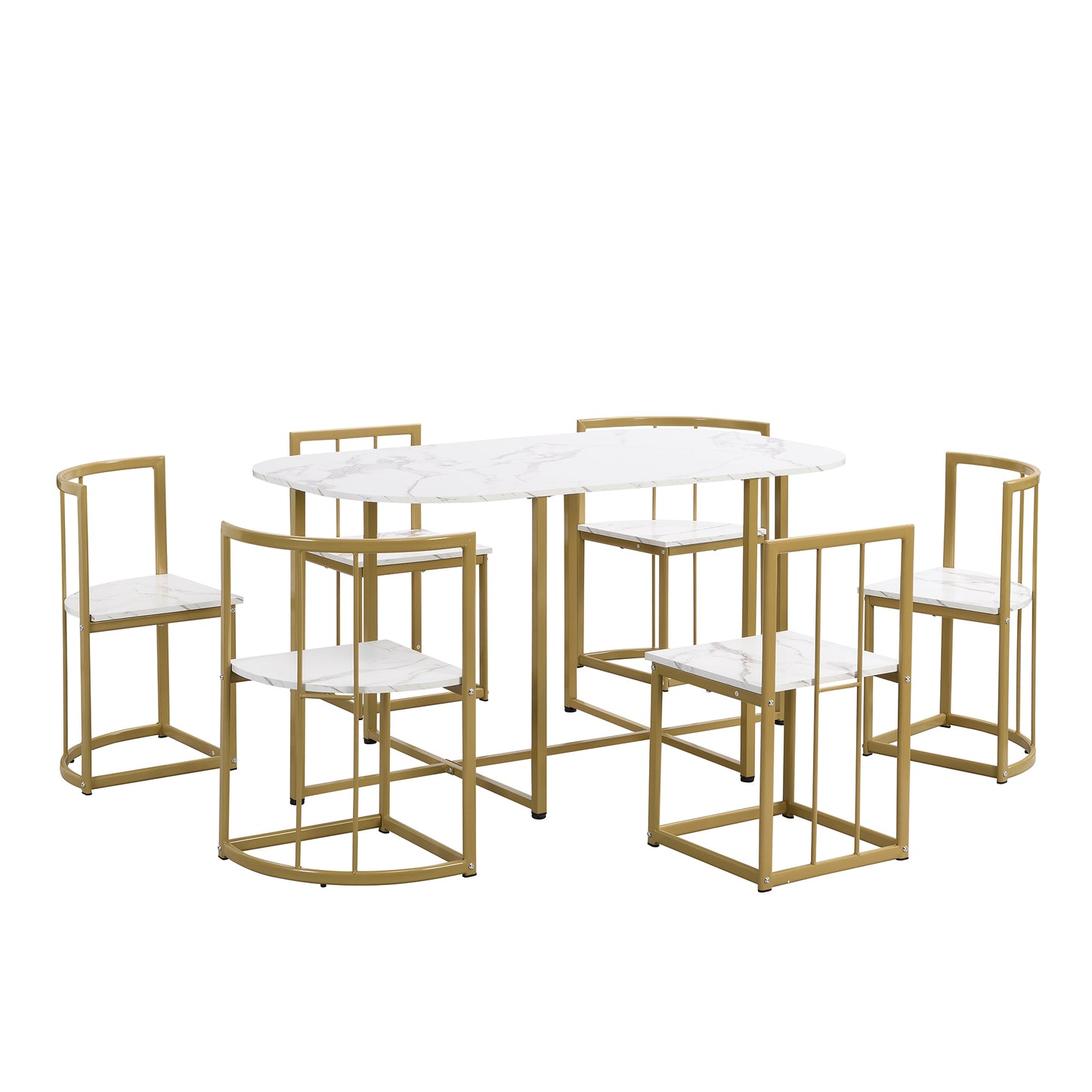 Gold frame marble dining set with oval table and six chairs