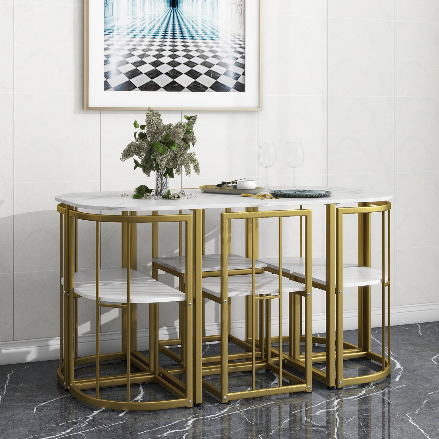 Compact dining set with white marble top table and gold metal frame