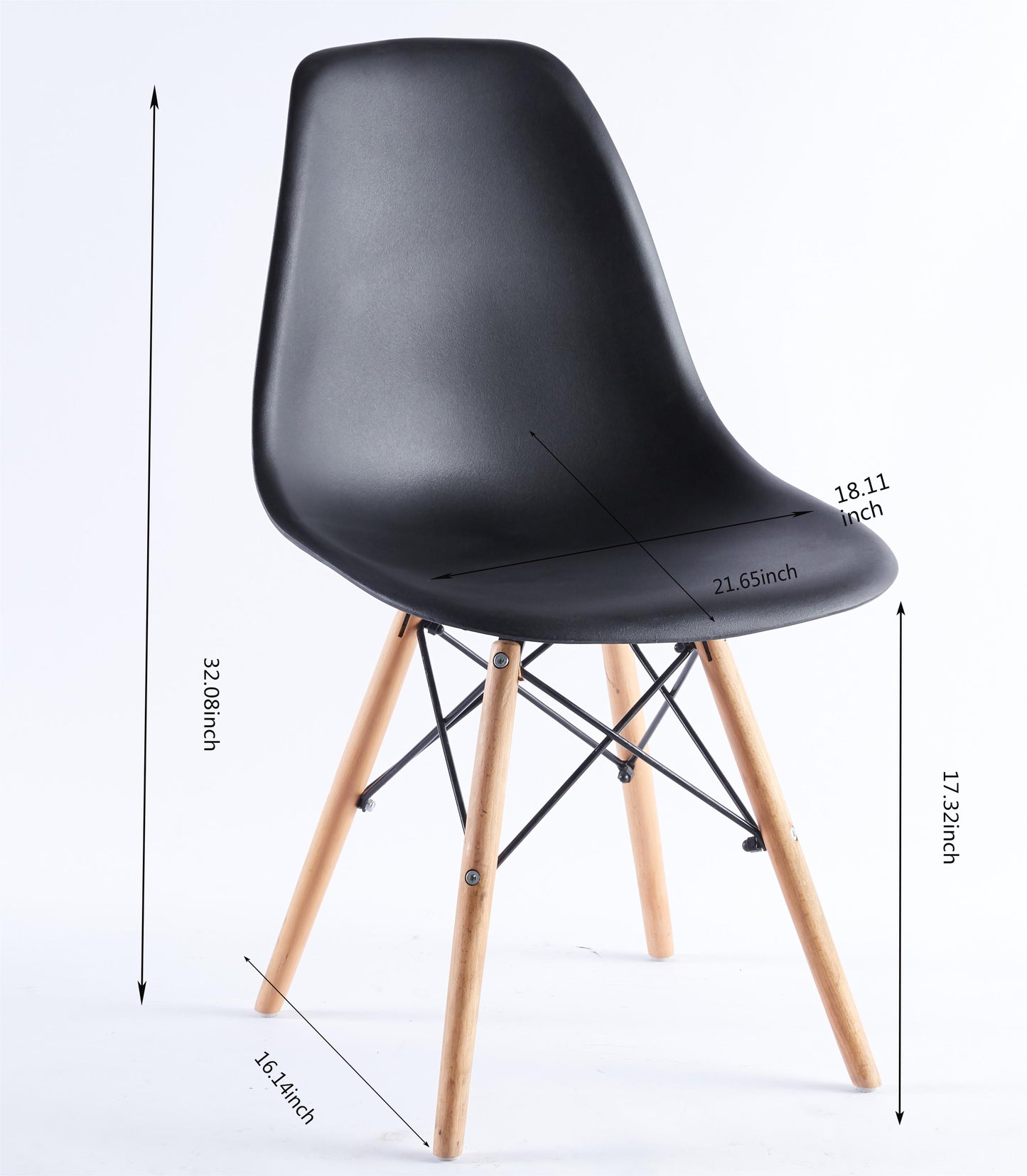 Black molded dining chair with natural wood dowel legs and black wire base