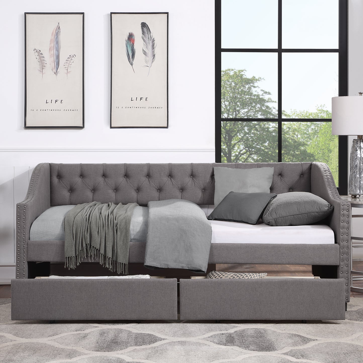 TREATLIFE HOME Upholstered Twin Size Daybed with Two Drawers, Wood Slat Support, Elegant Gray Design