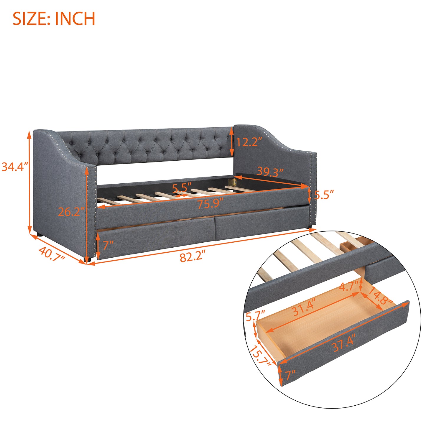 Gray upholstered daybed with tufted back and two drawers