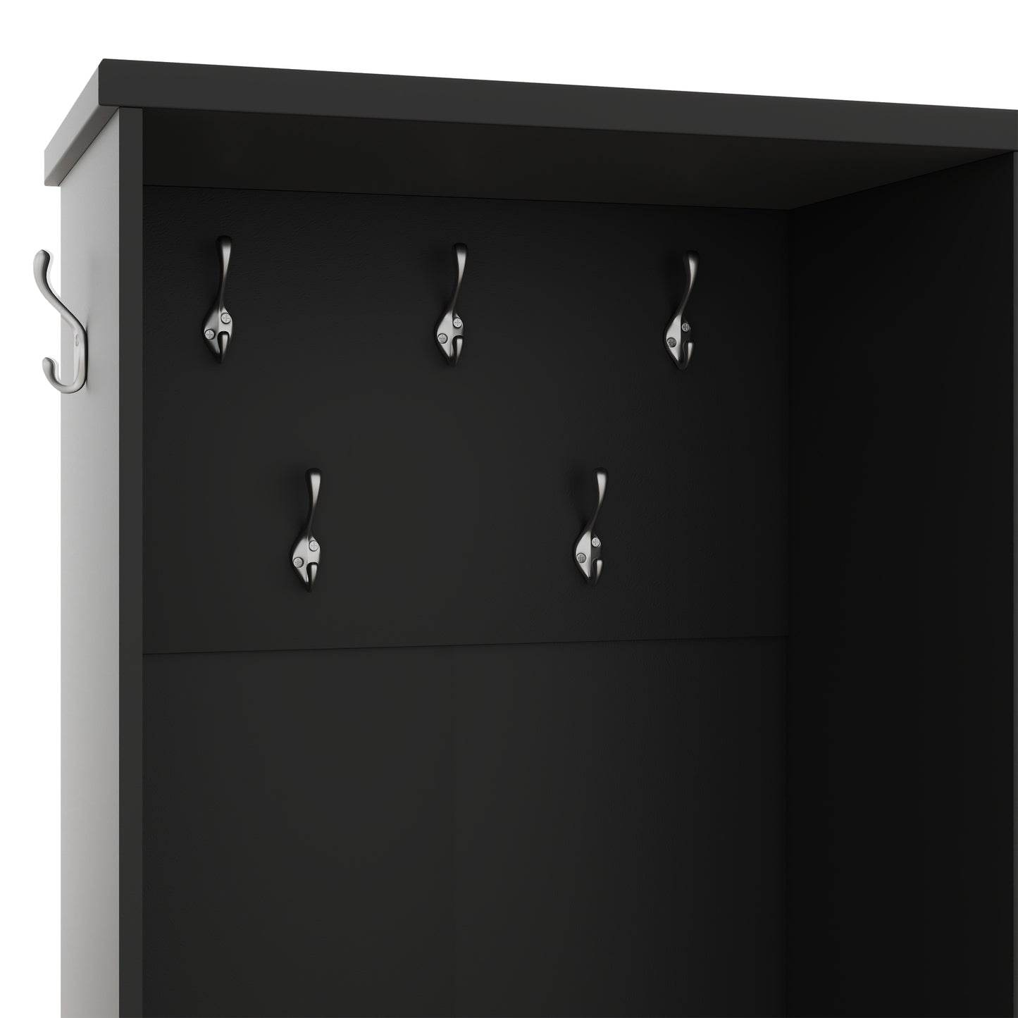Black entryway organizer with five silver coat hooks for coats and bags