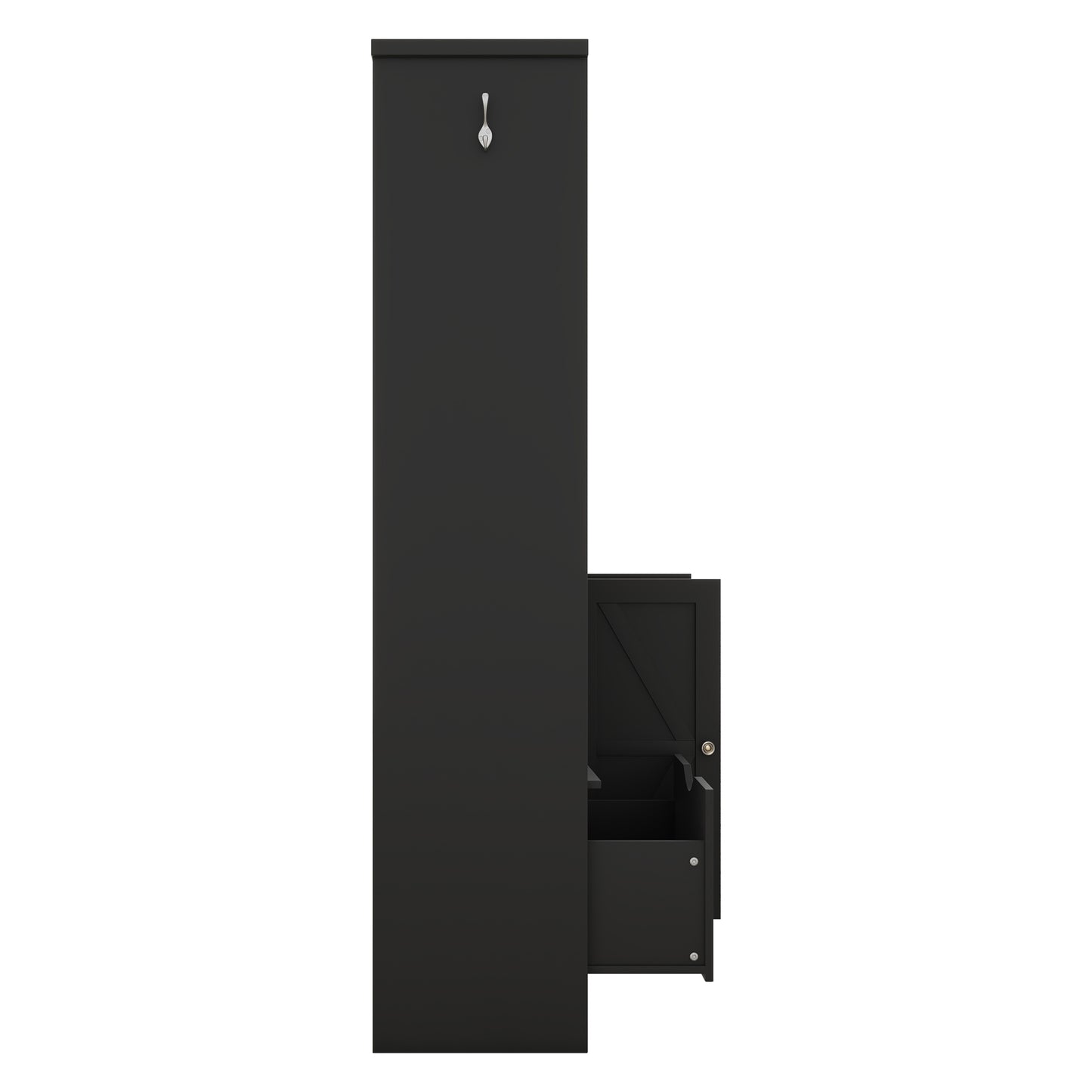 Black wooden hall tree with open drawer and hook