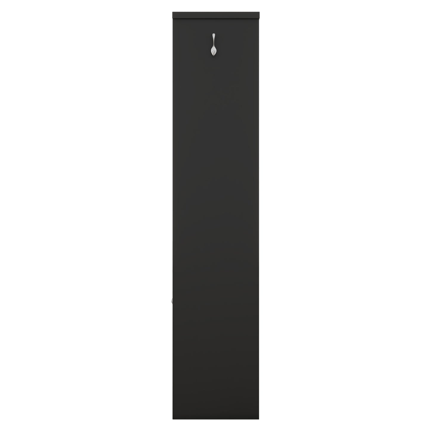 Black metal cabinet with silver spoonshaped hook