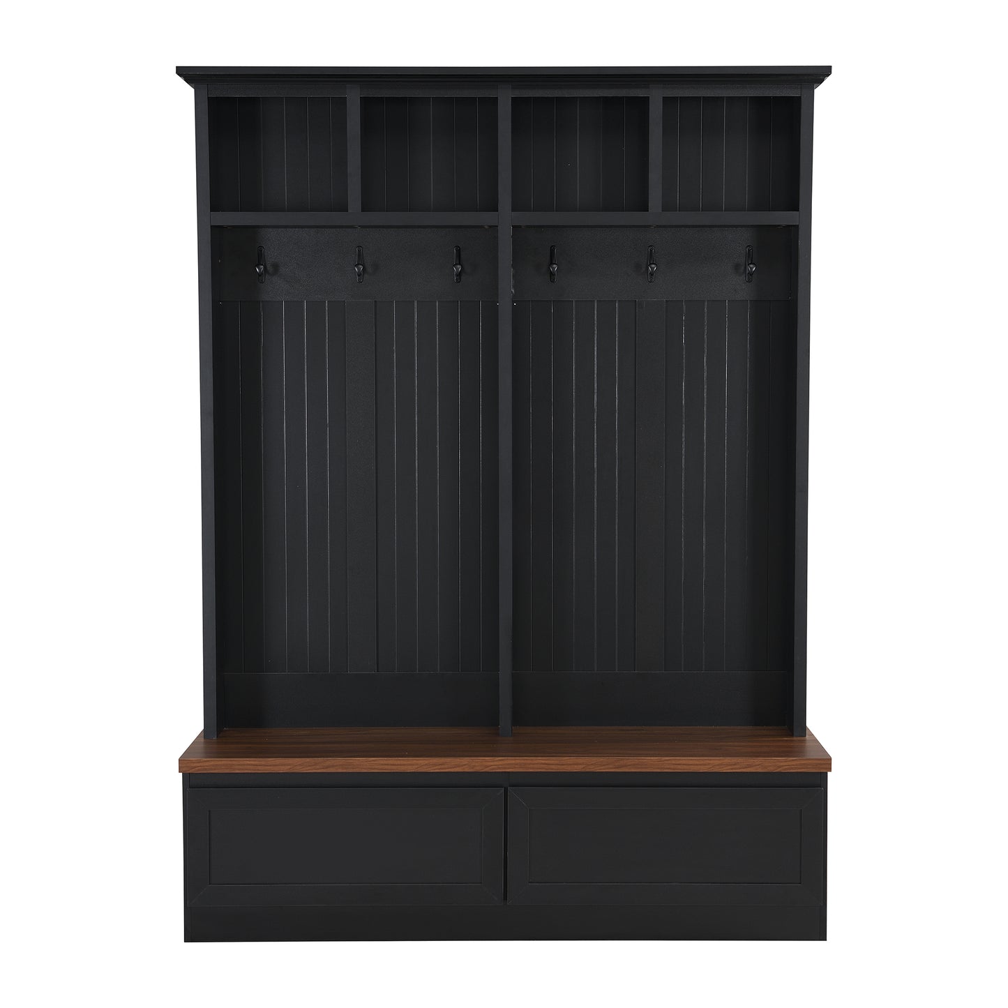 Black wooden entryway bench with coat hooks and two storage drawers