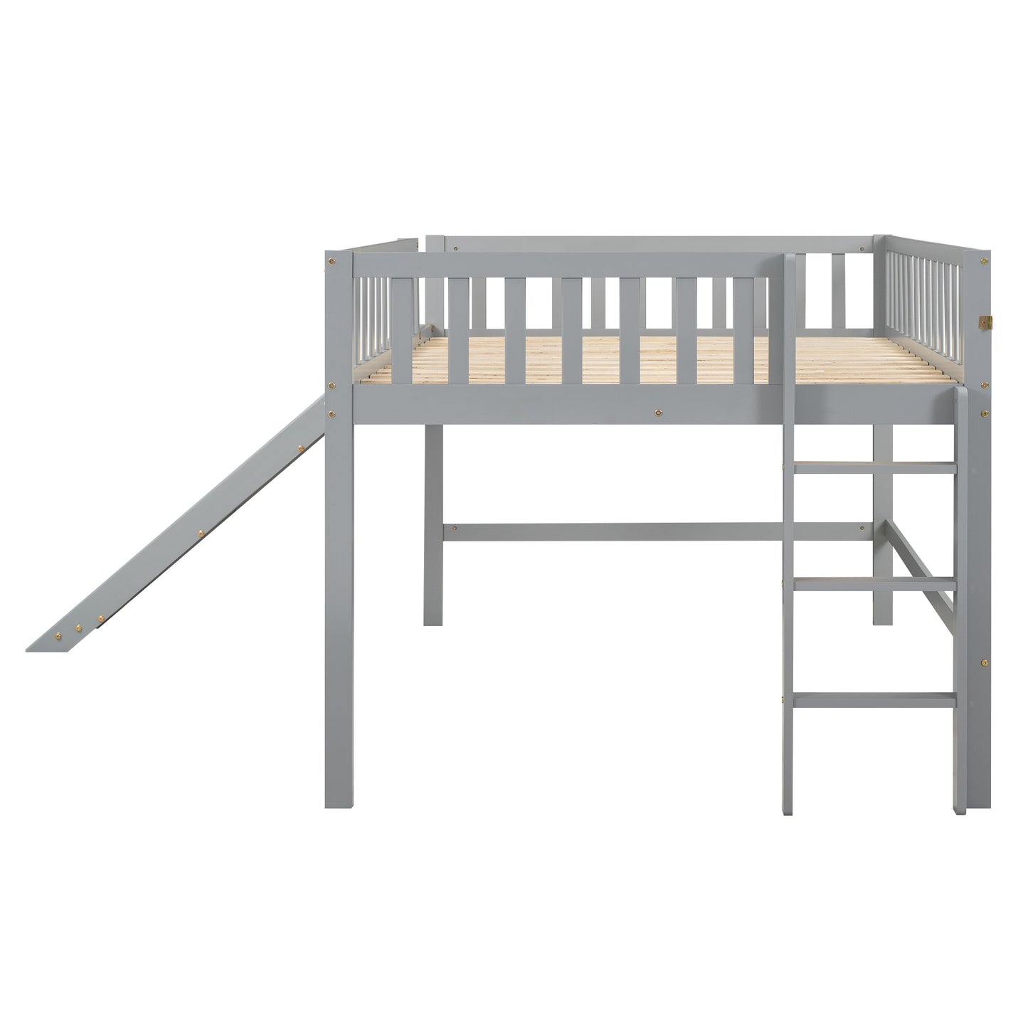 Gray wooden loft bed with ladder and slide for kids