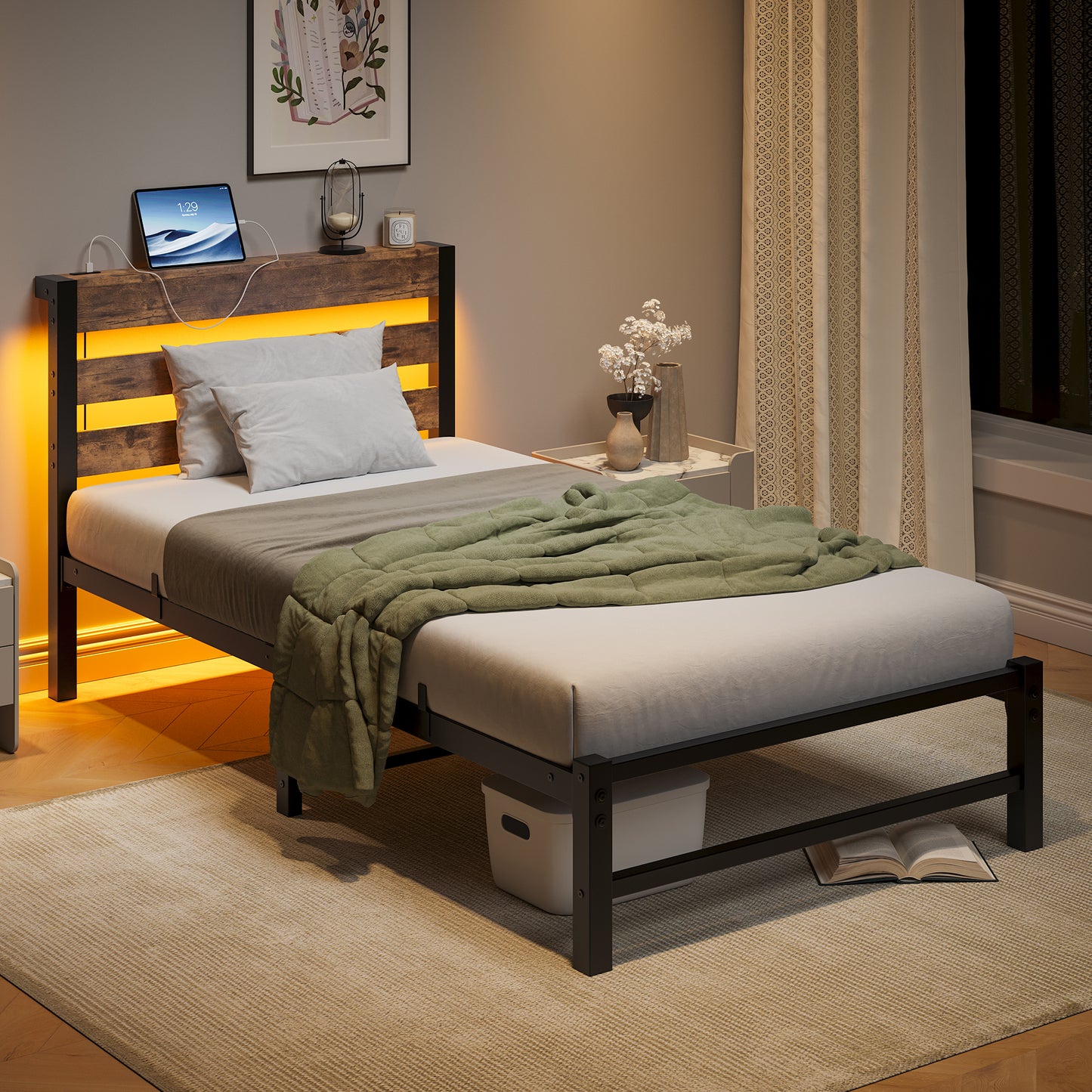 Rustic wood and black metal twin bed frame with builtin LED headboard and USB ports