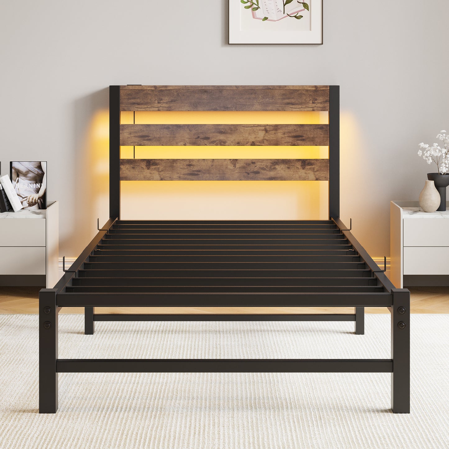 Modern metal bed frame with rustic wood headboard and integrated LED lights
