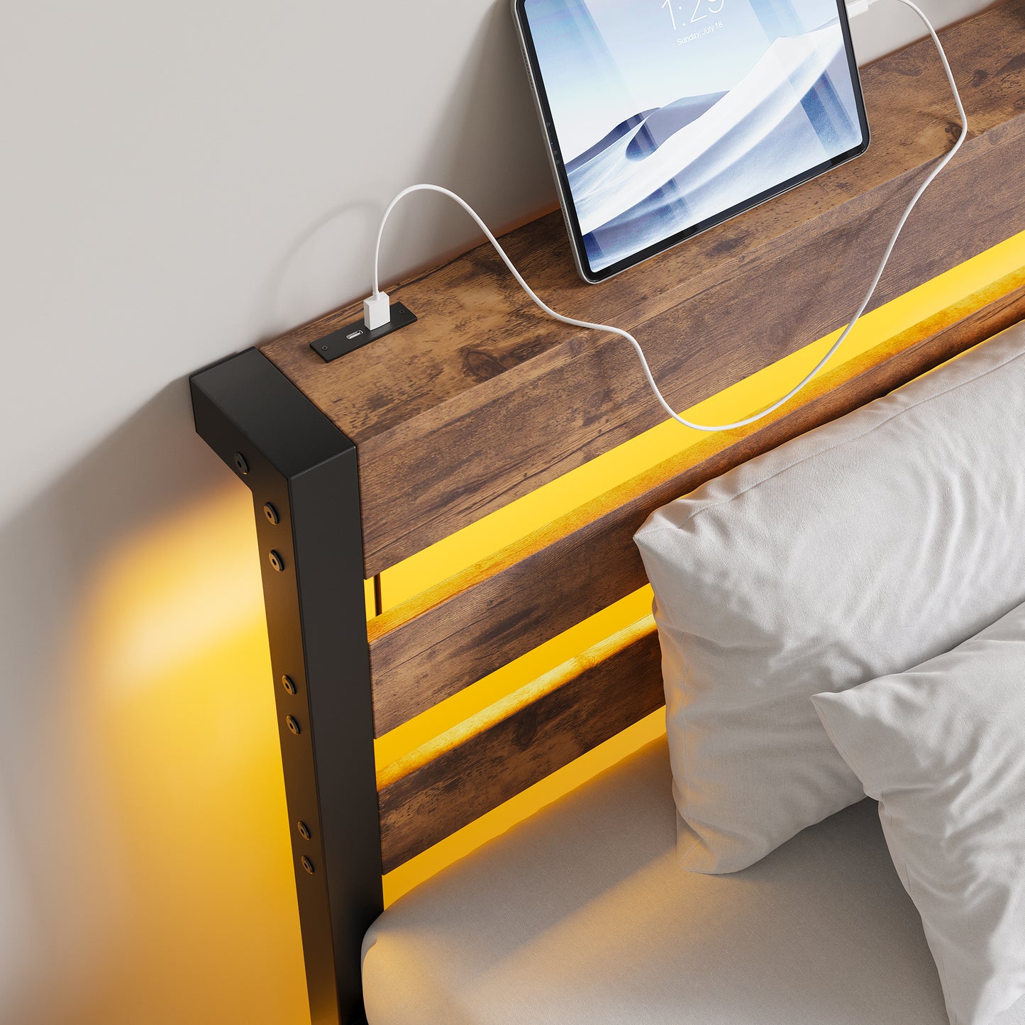 Rustic wood headboard with integrated USB ports and warm LED lighting