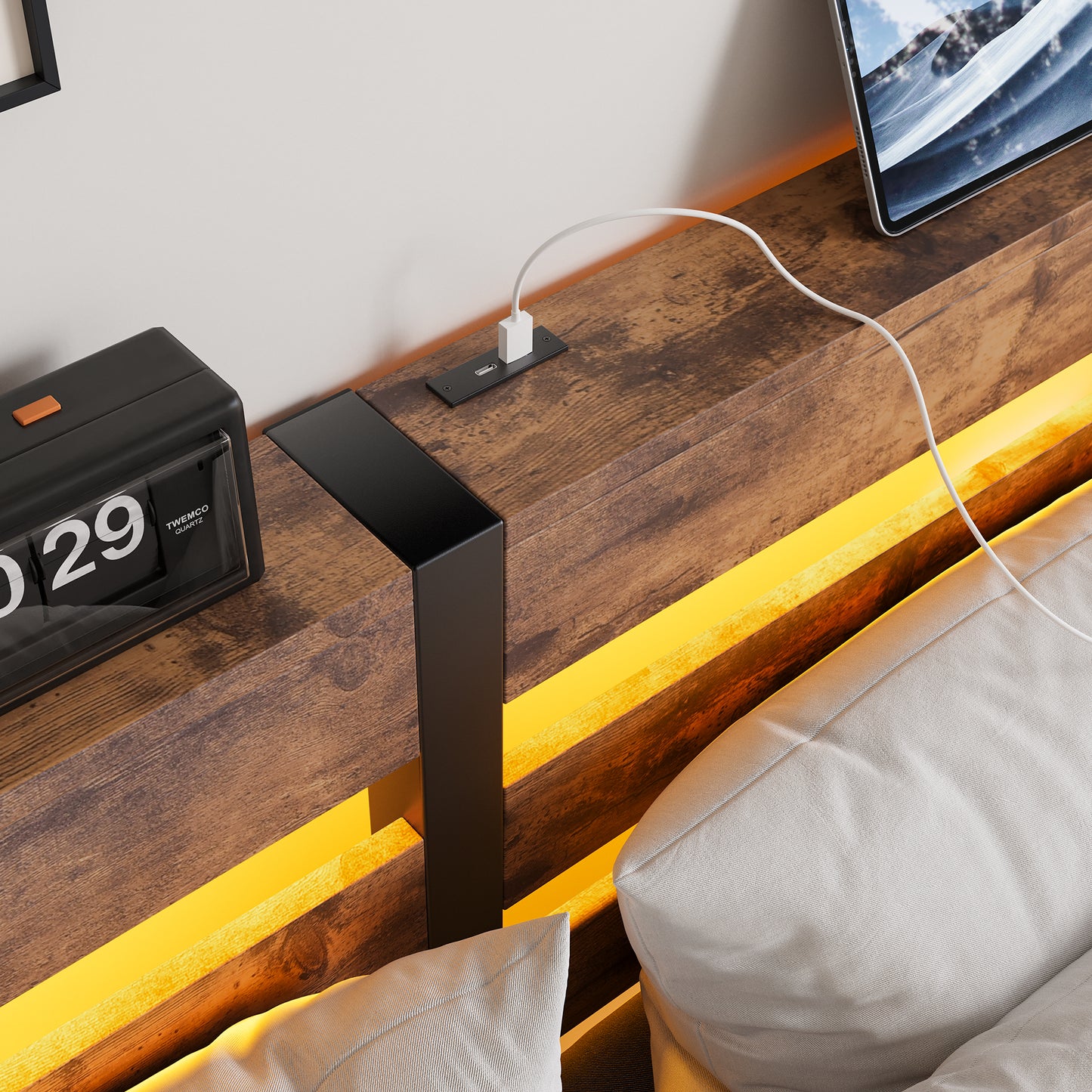 Rustic wood bedside table with integrated USB charger and warm LED lighting