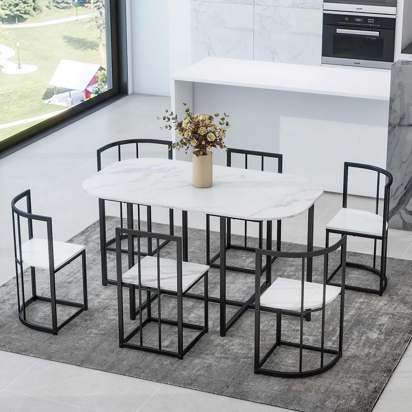 Modern oval marble dining table with black metal frame chairs