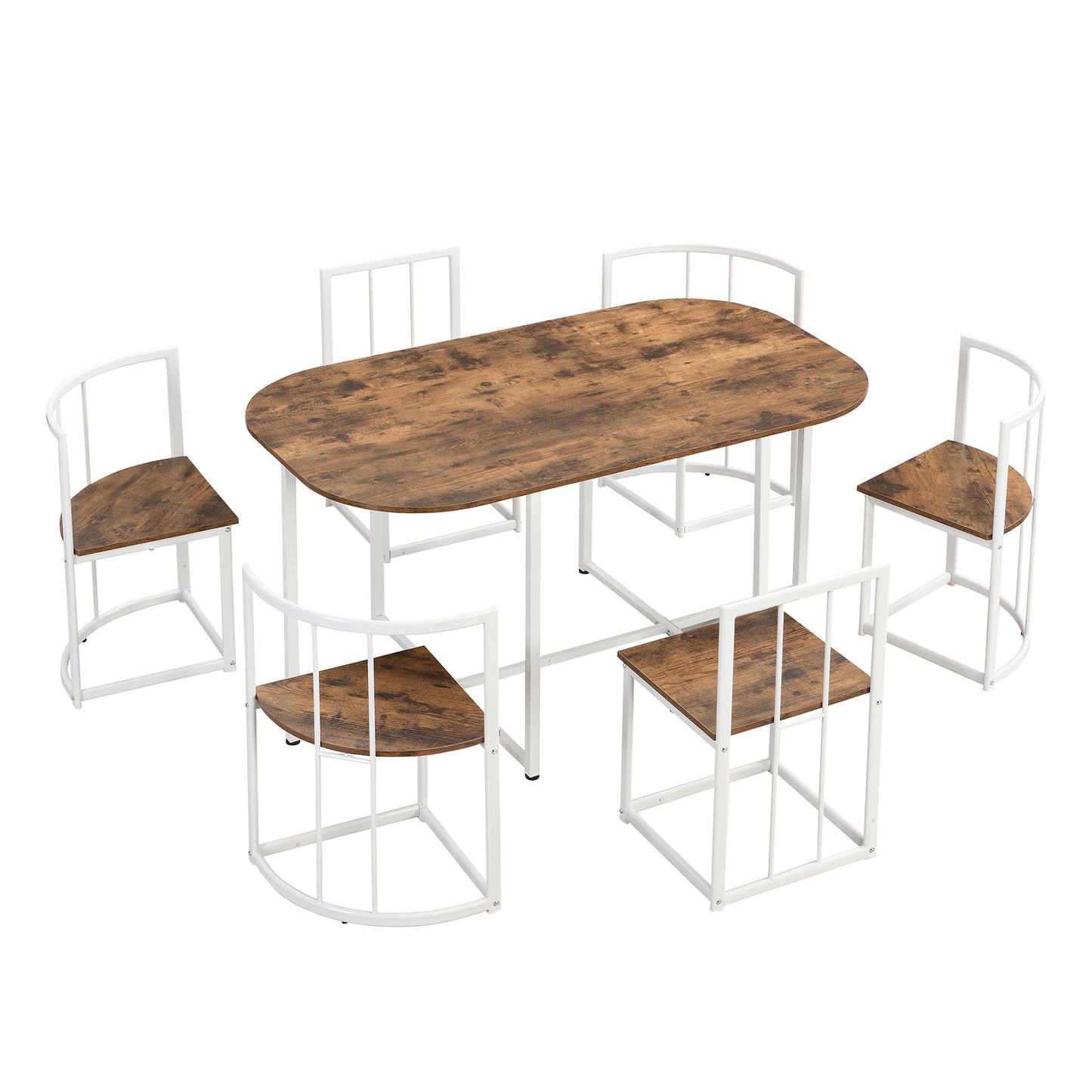Rustic wood dining set with white metal frame chairs and table