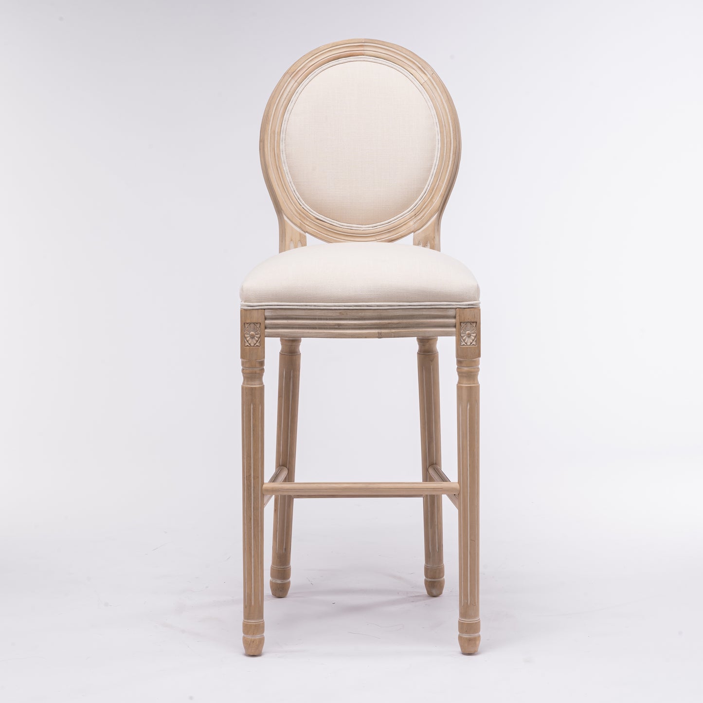 French country style bar stool with light wood frame and natural linen upholstery